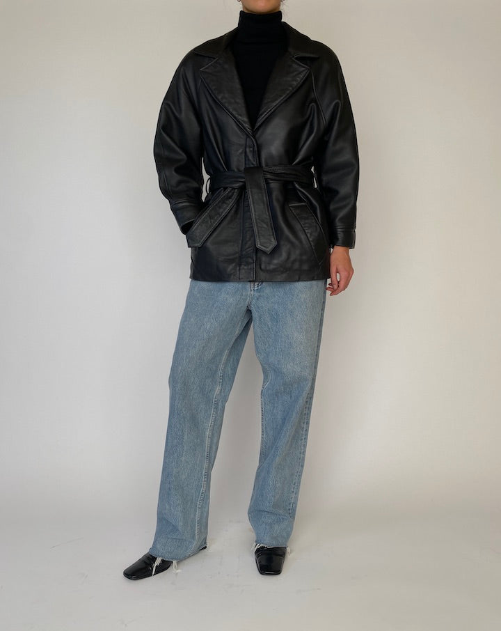 Vintage Black Trench Leather Jacket 5434