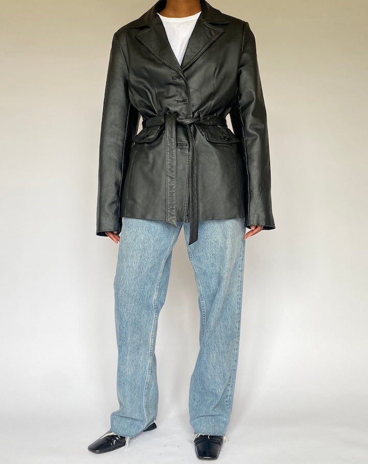 VINTAGE BLACK TRENCH LEATHER JACKET 4811