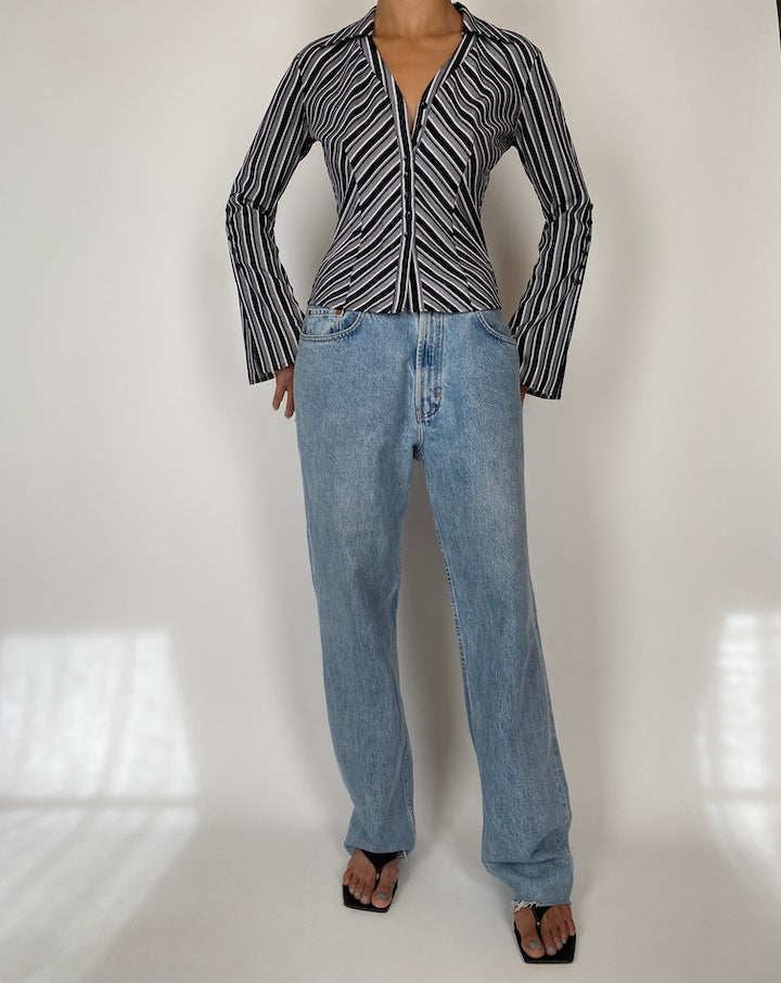 VINTAGE BLACK AND WHITE STRIPED BLOUSE 2585