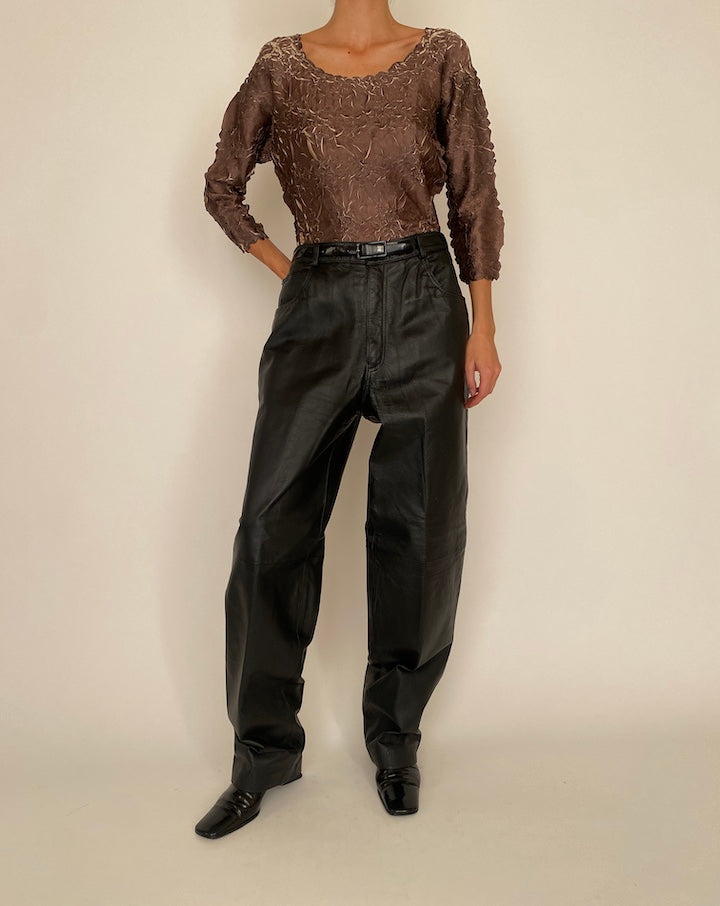 VINTAGE BROWN WRINKLE-EFFECT TOP 4352