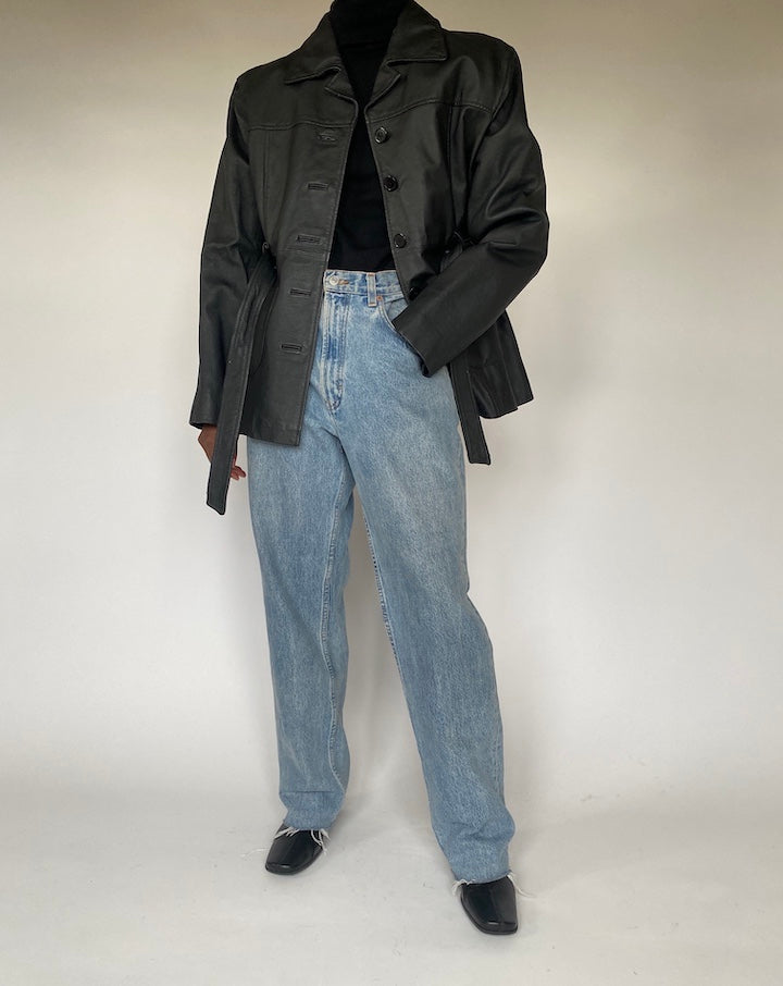 VINTAGE BLACK SHORT LEATHER JACKET TRENCH 4382