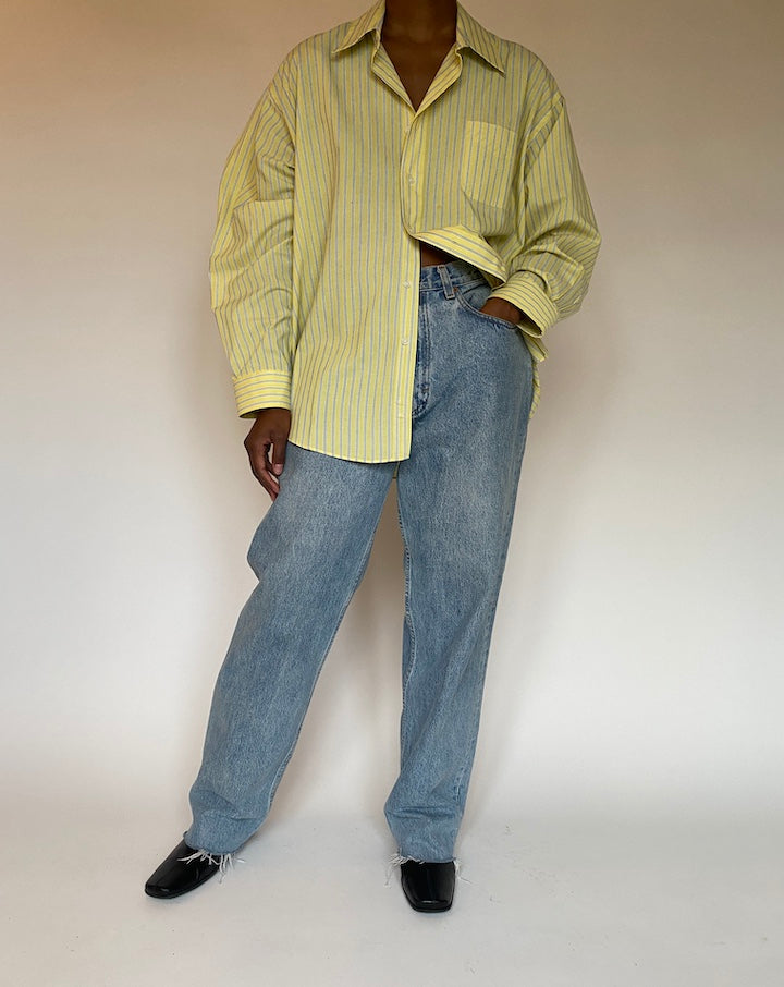 VINTAGE OVERSIZED YELLOW AND BLUE PINSTRIPED SHIRT 4422