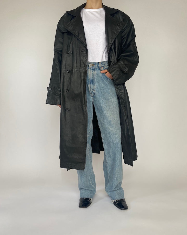 VINTAGE LONG BLACK LEATHER JACKET 4683