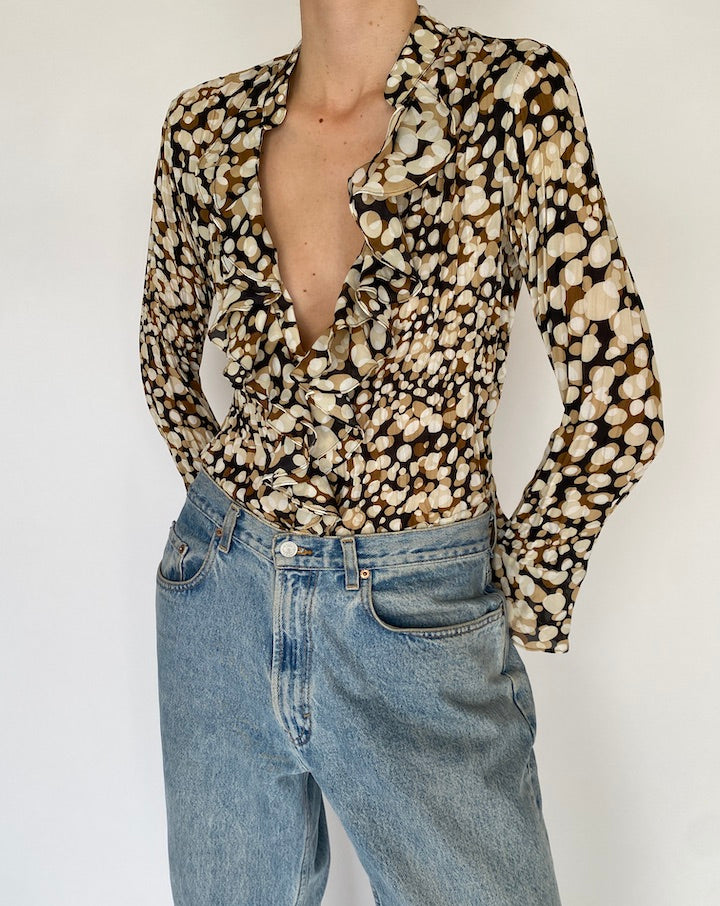 Vintage Multi-Colored Ruffled Long-Sleeve Top 4698