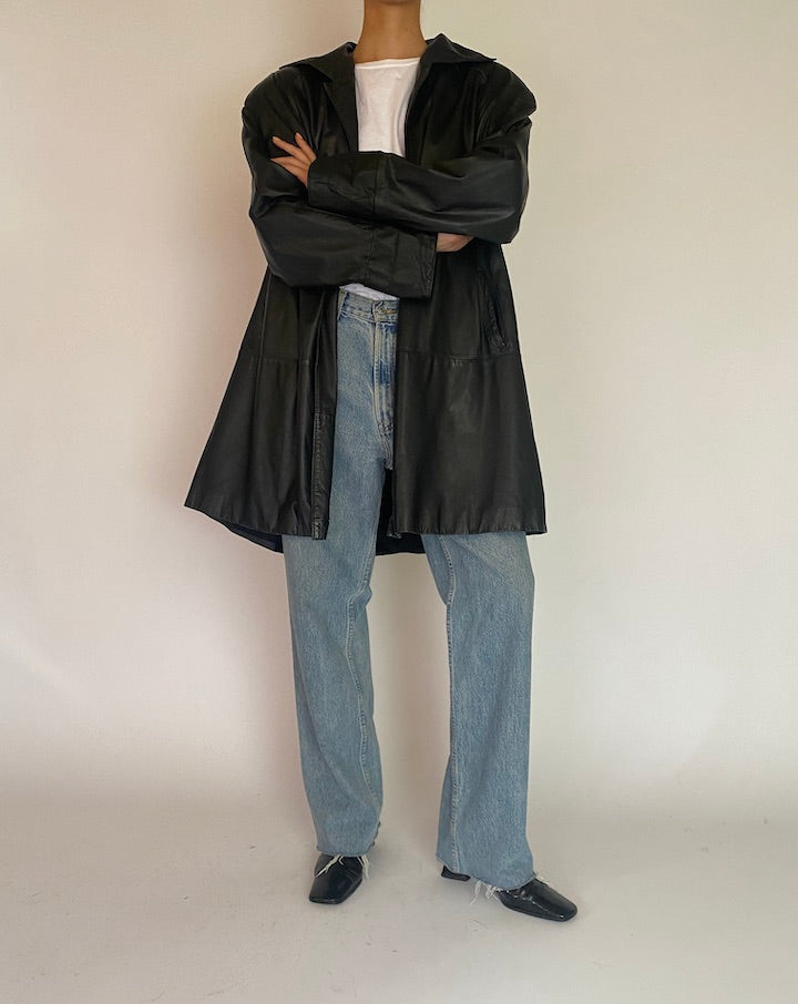 VINTAGE BLACK LONG LEATHER JACKET 4830