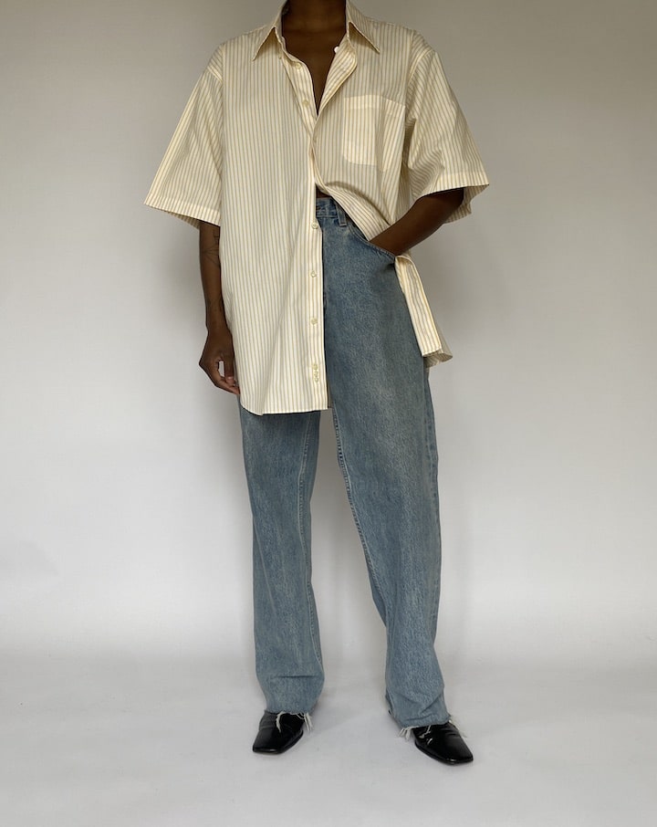 VINTAGE WHITE AND YELLOW STRIPED SHORT SLEEVE SHIRT 4839