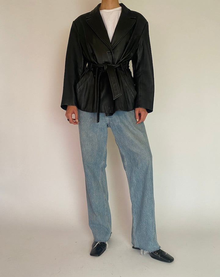 VINTAGE BLACK TRENCH LEATHER JACKET 4852