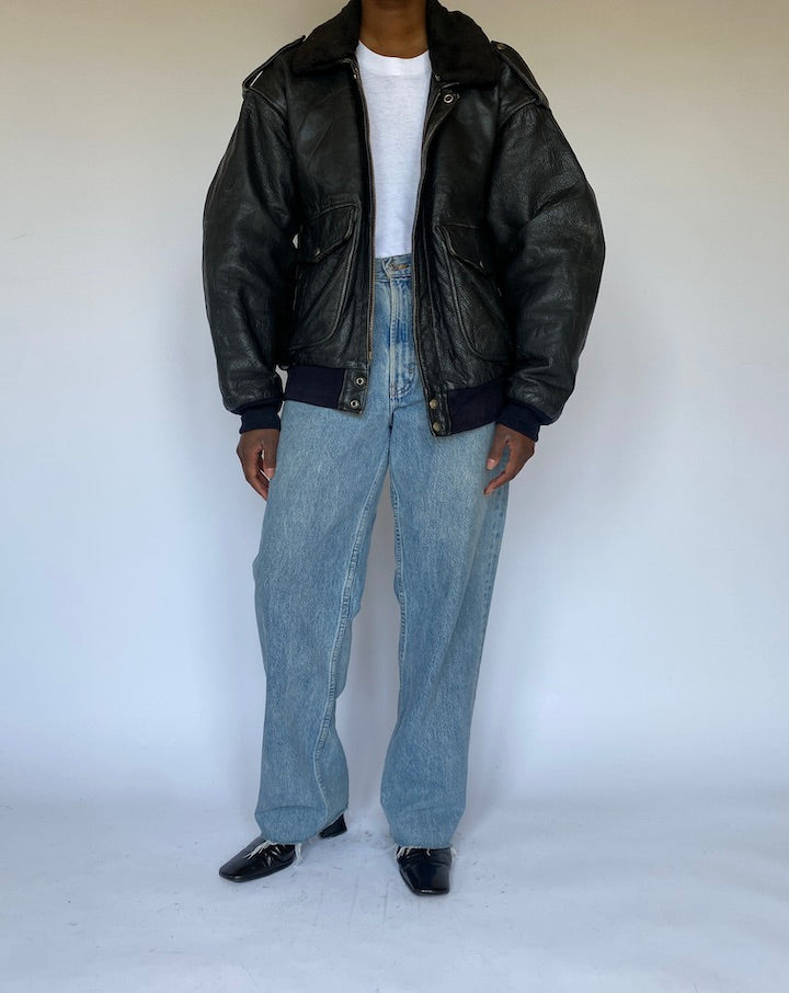 Vintage Oversized Black Bomber Like Leather Jacket 4982