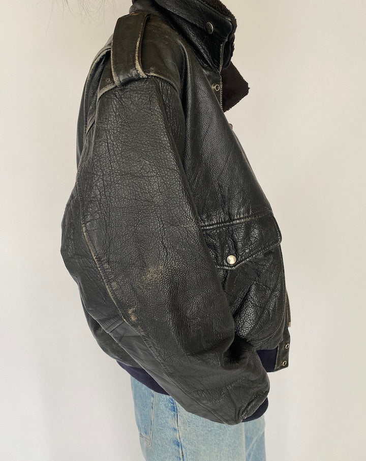 Vintage Oversized Black Bomber Like Leather Jacket 4982