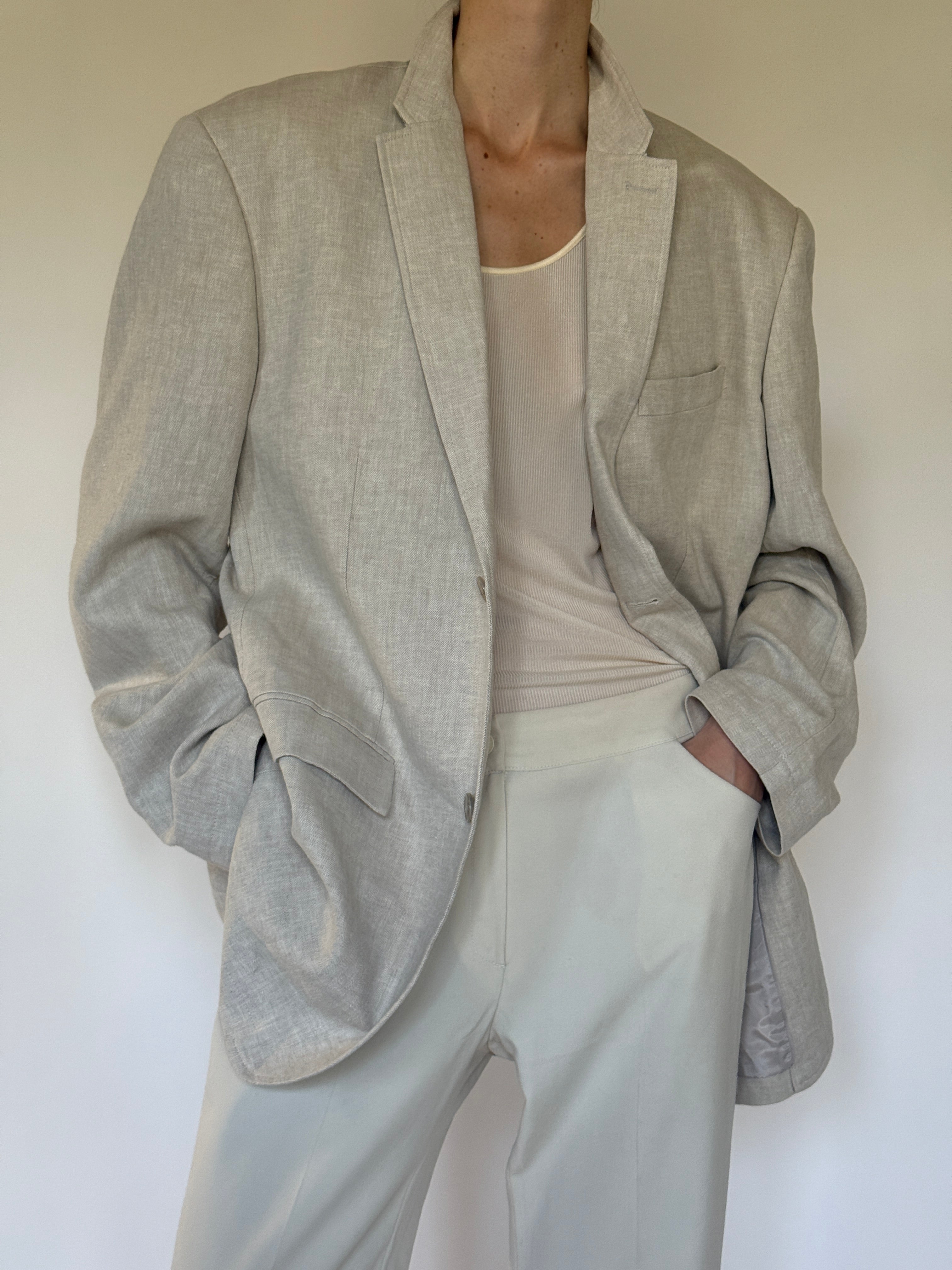 Vintage Linen & Cotton Oversized Blazer in Beige 6601