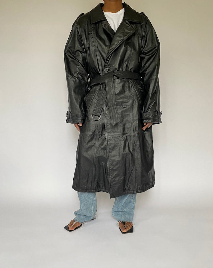VINTAGE BLACK LONG LEATHER TRENCH COAT 5027