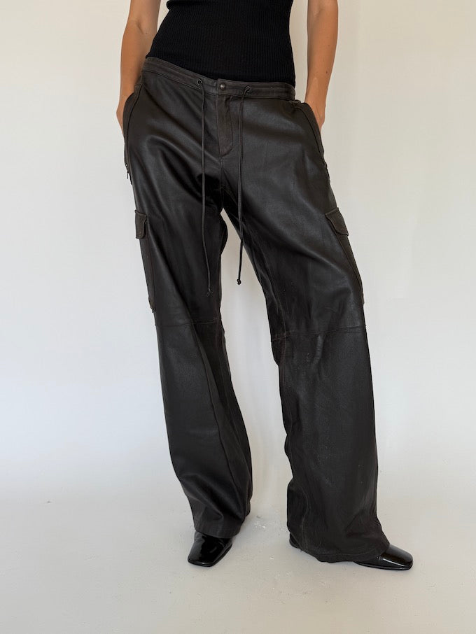 Vintage wide leather pants in dark brown 5760