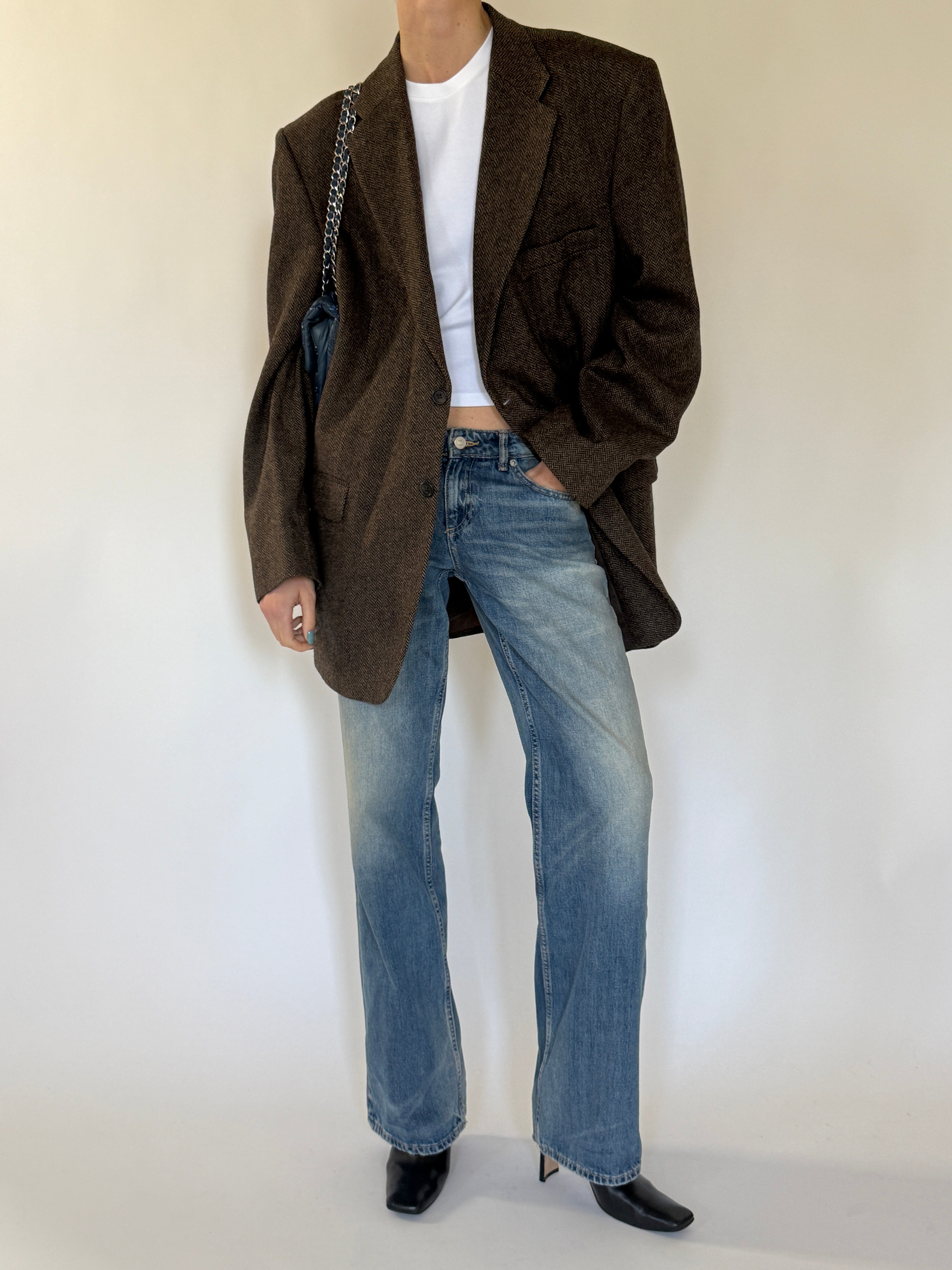 Vintage Oversized Herringbone Wool Blazer Brown 7250