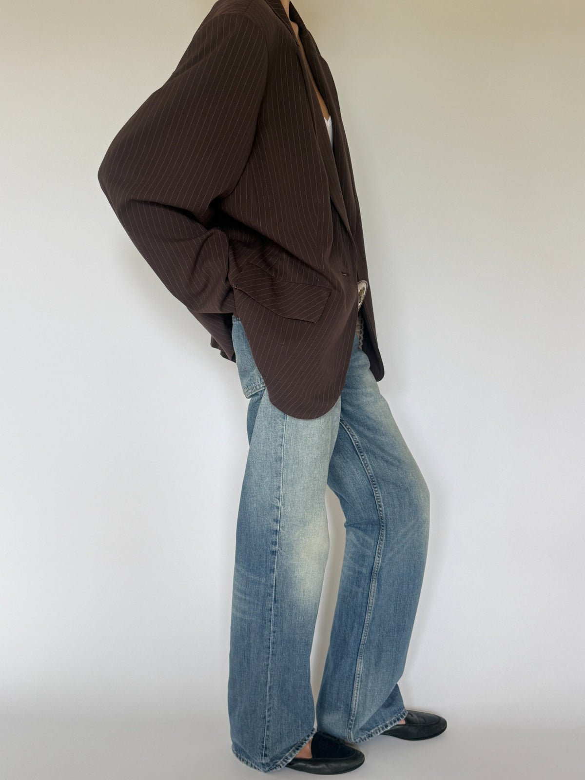 Vintage brown pinstripe blazer side view