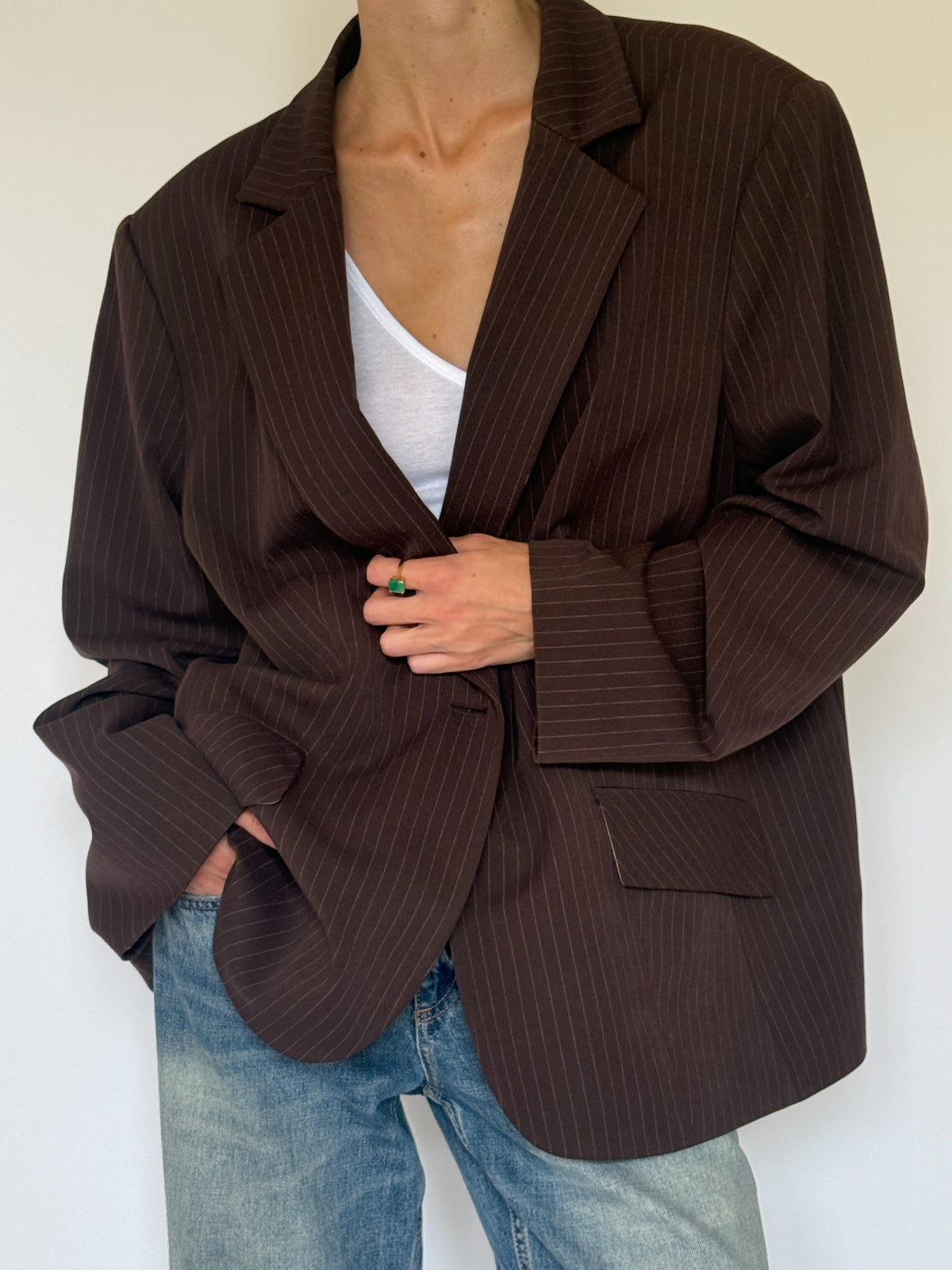 Vintage brown pinstripe blazer styled front view