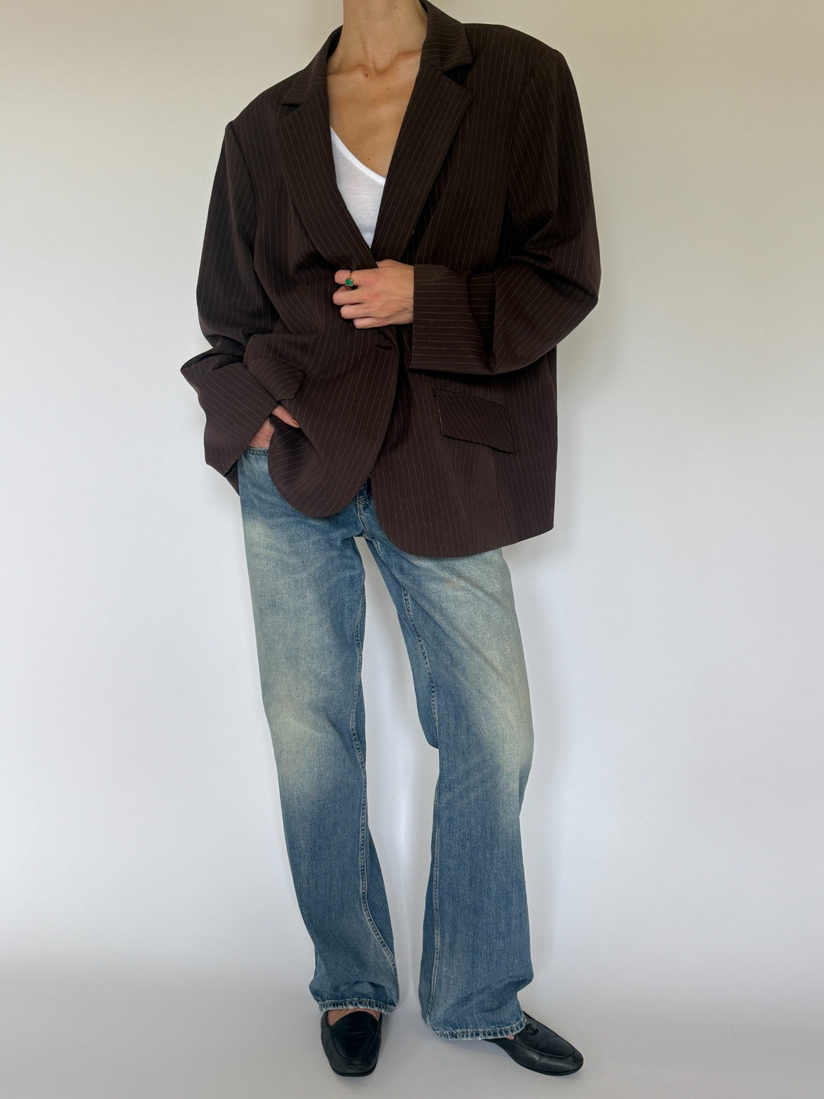 Vintage brown pinstripe blazer full front view