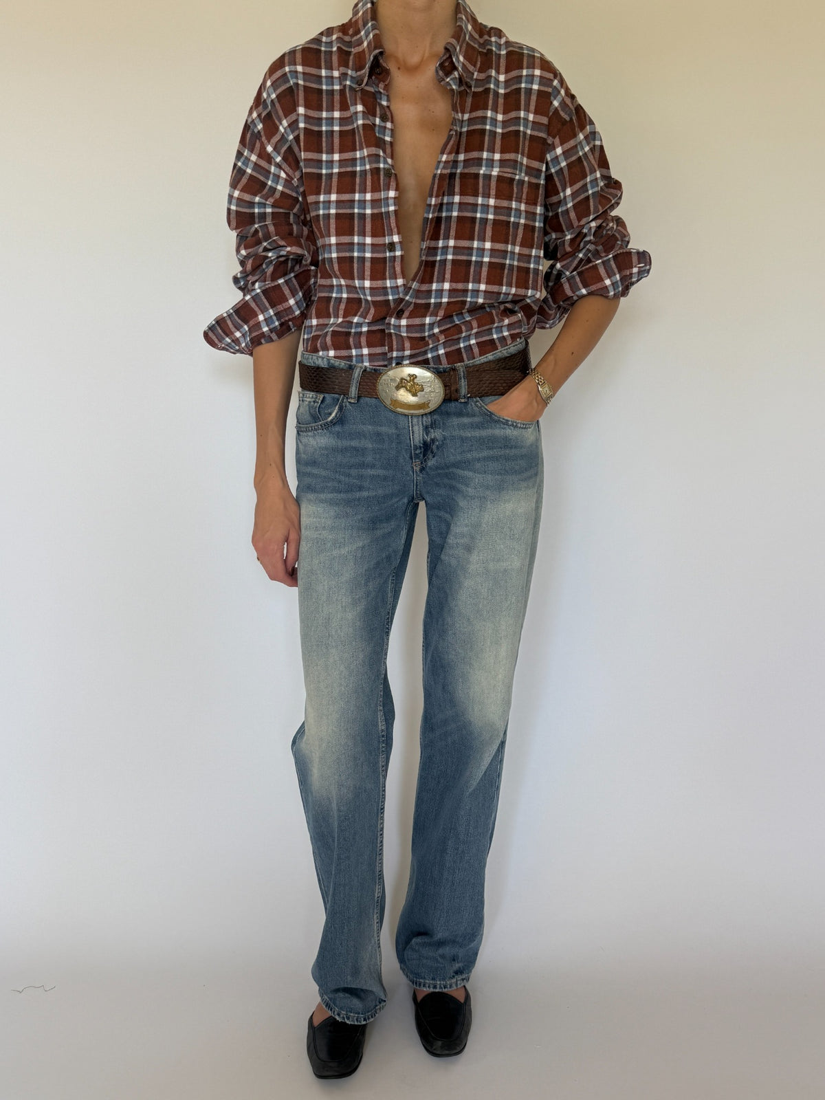 Vintage plaid flannel shirt brown blue white front full-length view