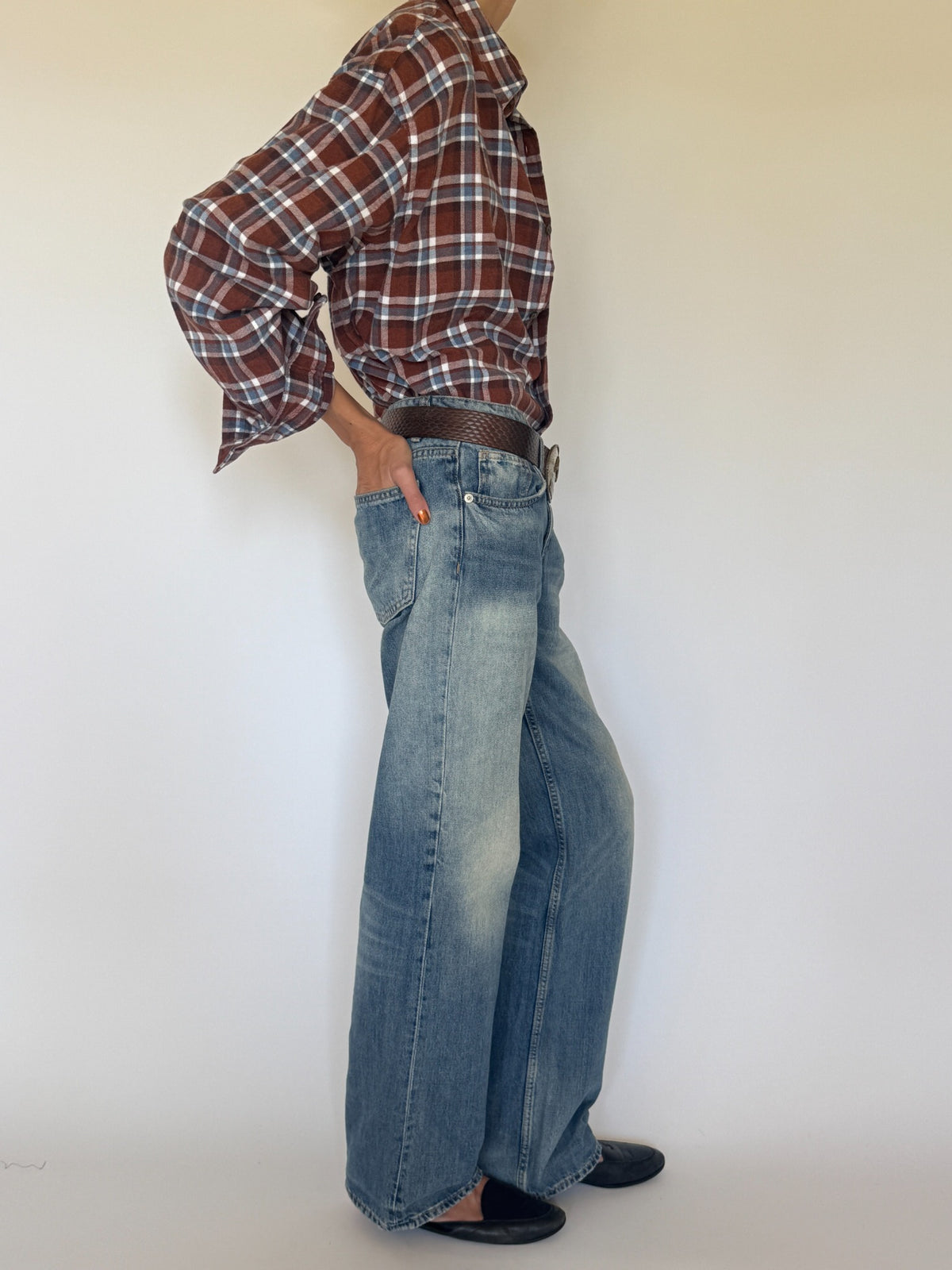 Vintage plaid flannel shirt brown blue white side view