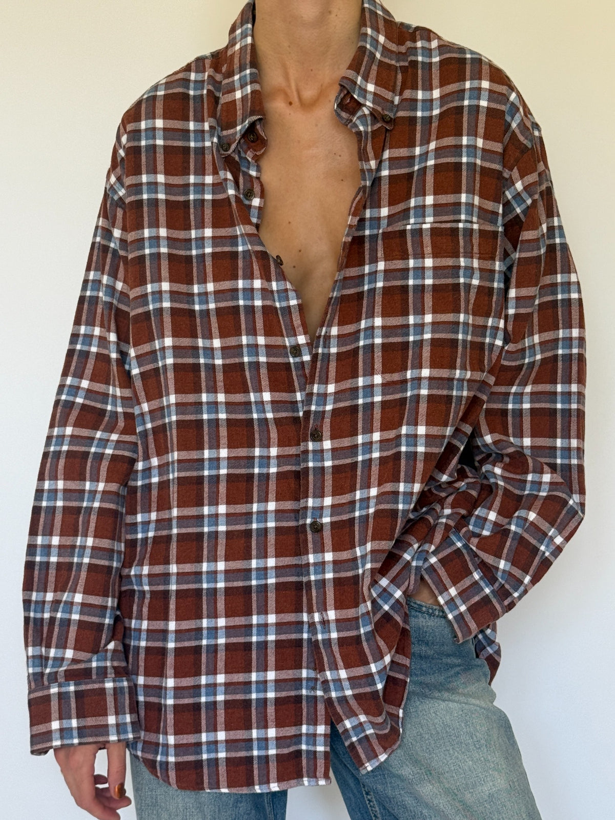 Vintage plaid flannel shirt brown blue white front close view