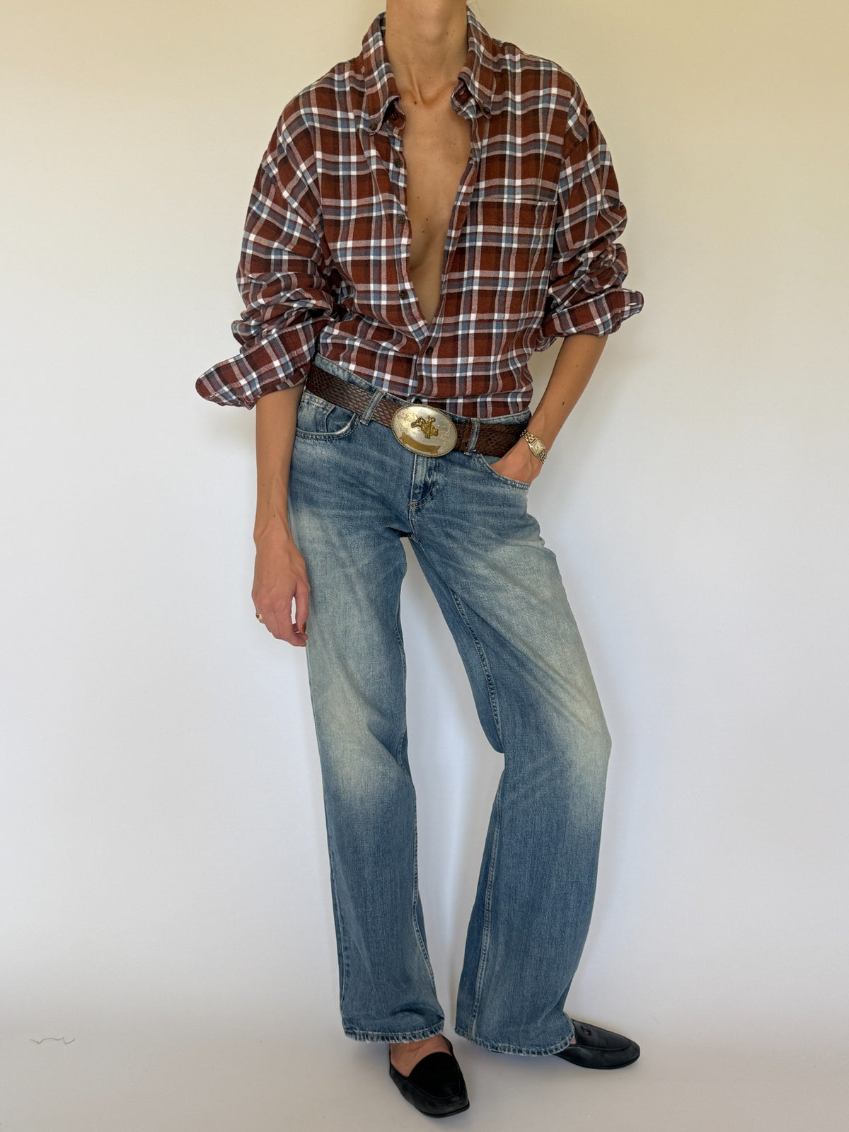 Vintage plaid flannel shirt brown blue white front full-body view