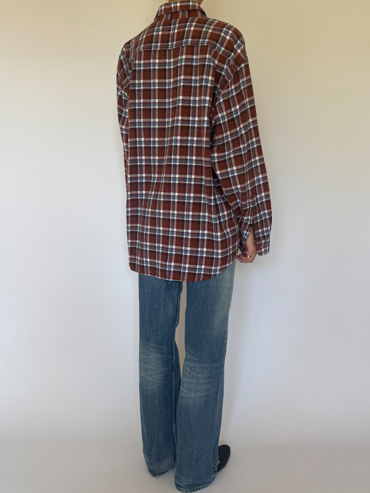 Vintage plaid flannel shirt brown blue white back view