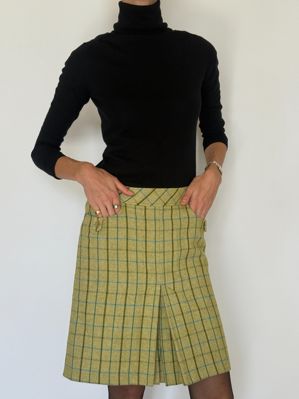 Vintage green plaid pleated skirt