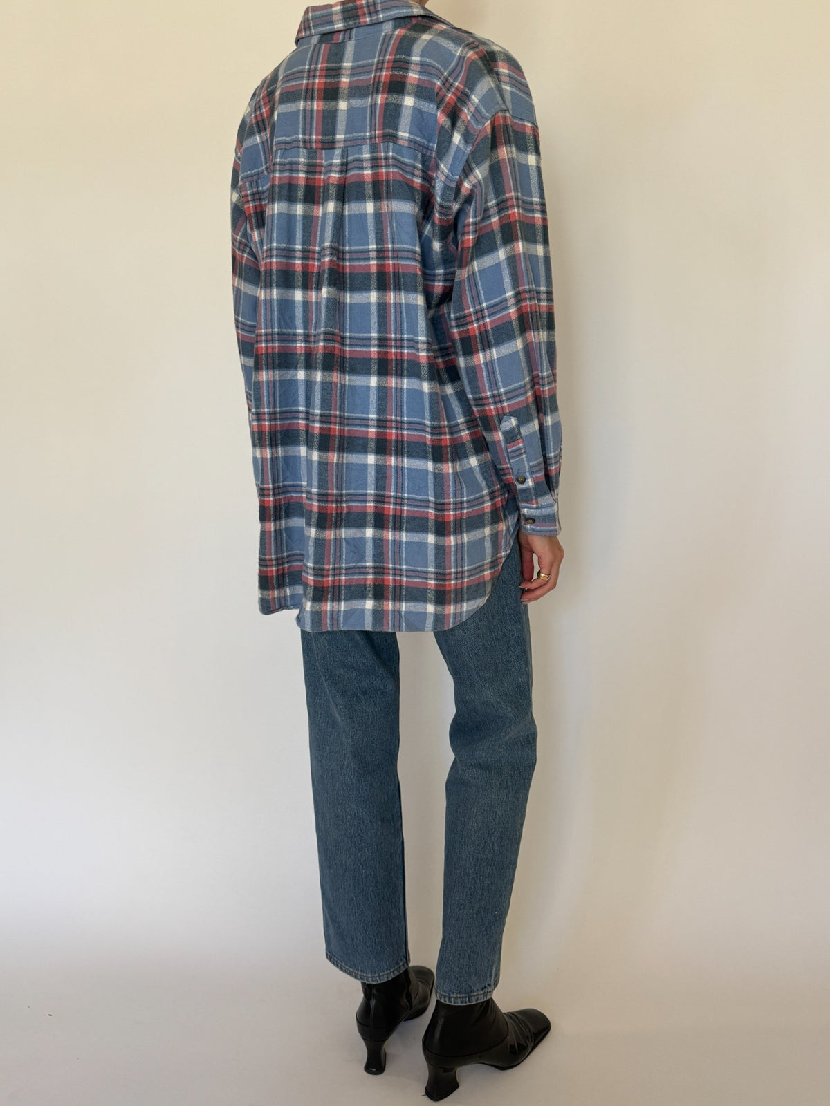 Vintage blue and red plaid shirt modeled, SKU 8430