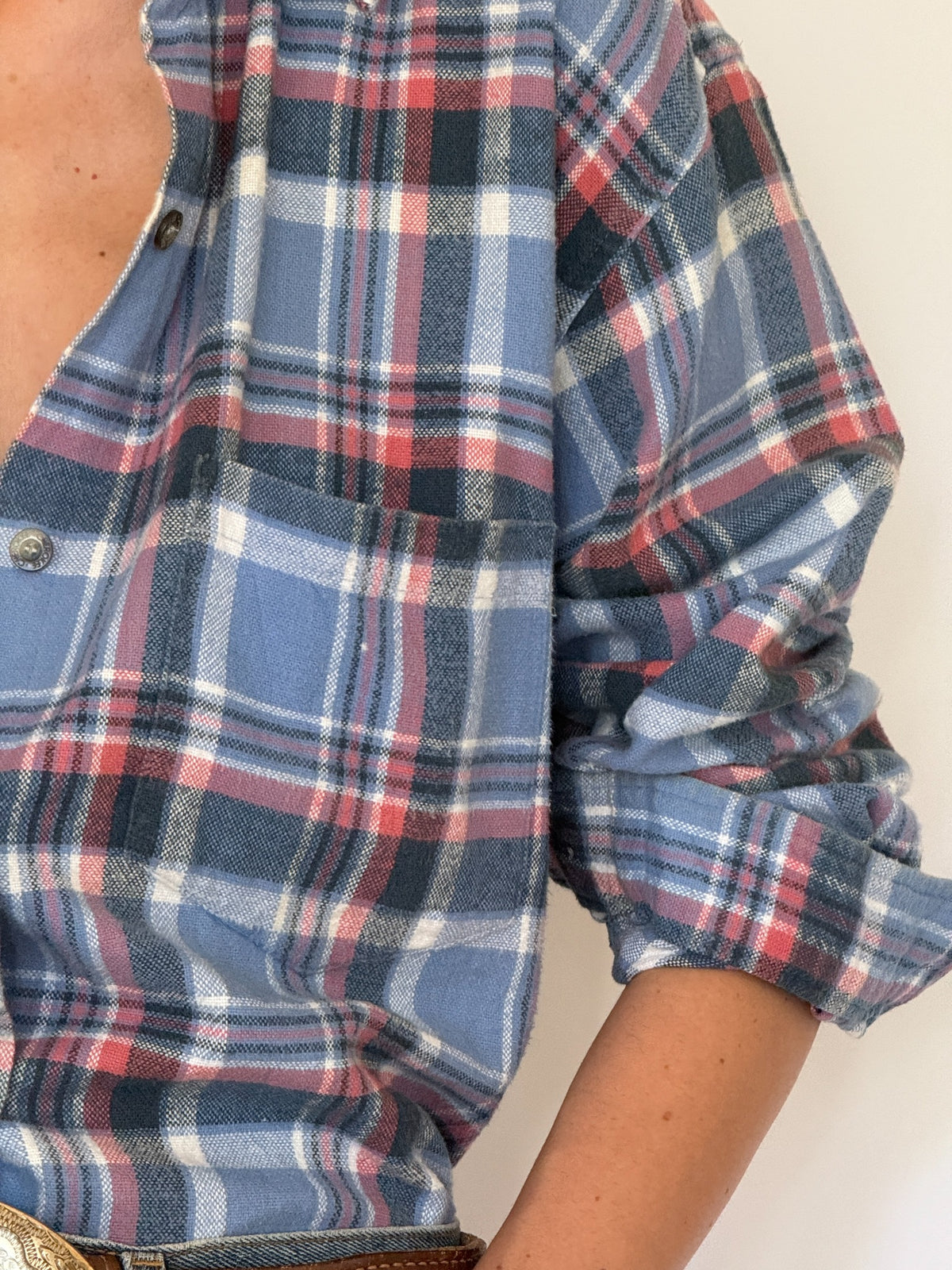 Vintage blue and red plaid shirt modeled, SKU 8430