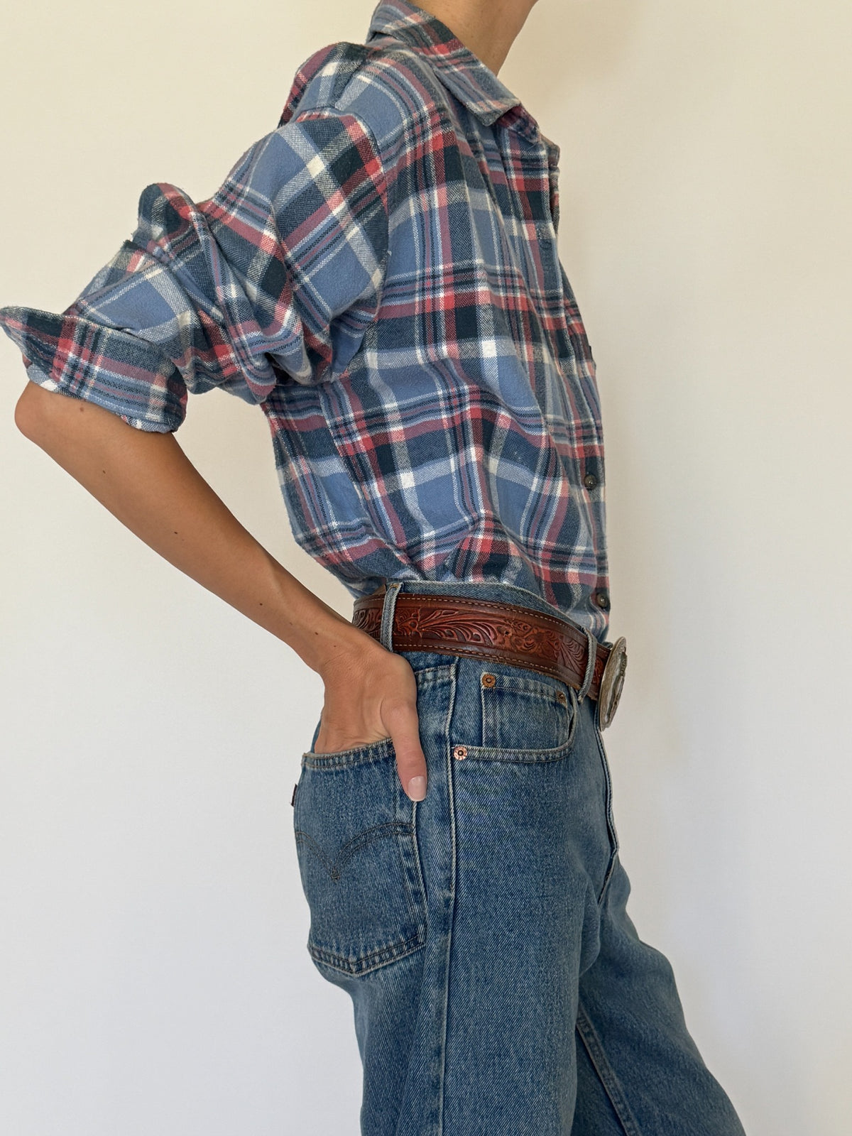 Vintage blue and red plaid shirt modeled, SKU 8430