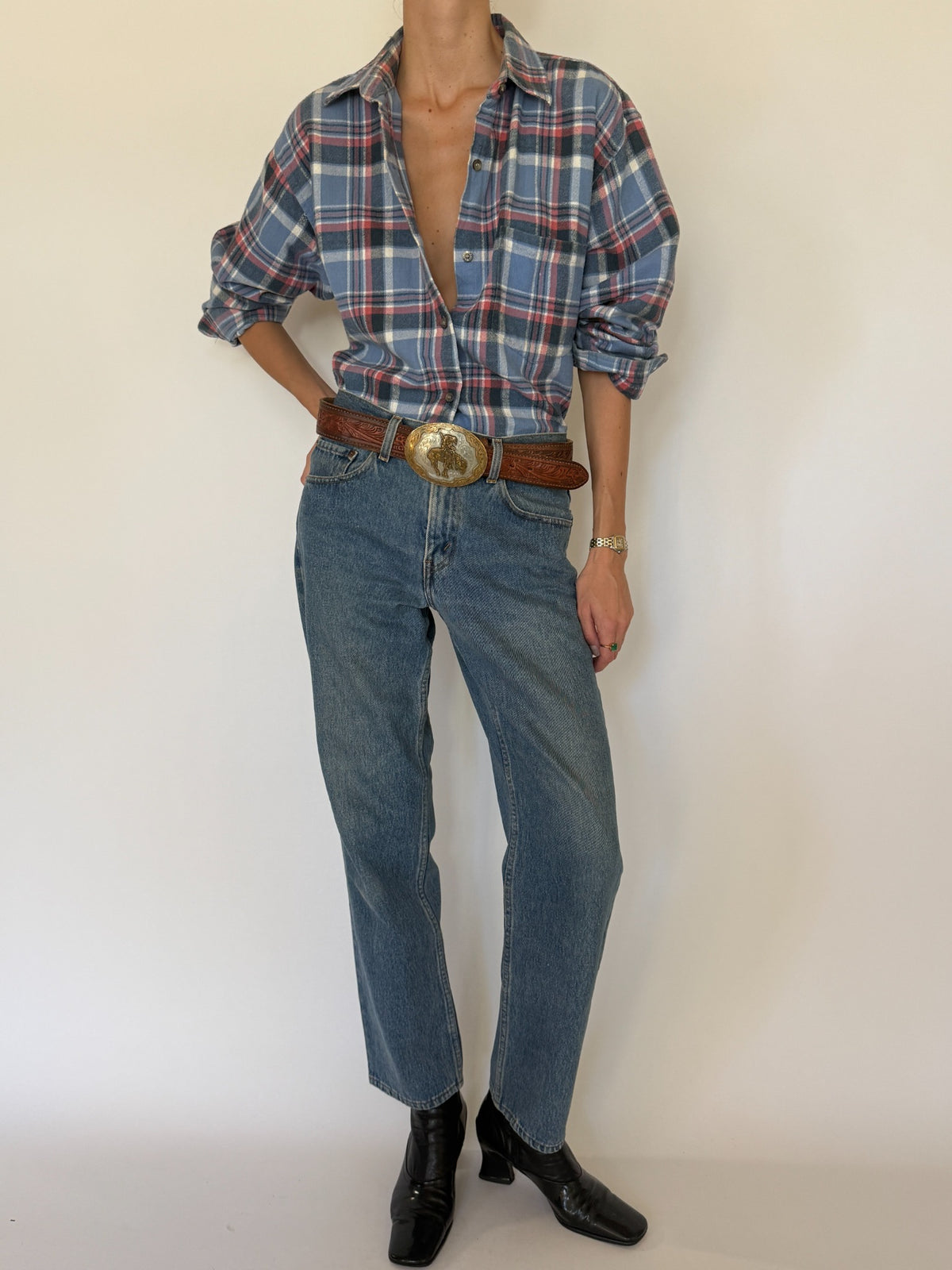 Vintage blue and red plaid shirt modeled, SKU 8430