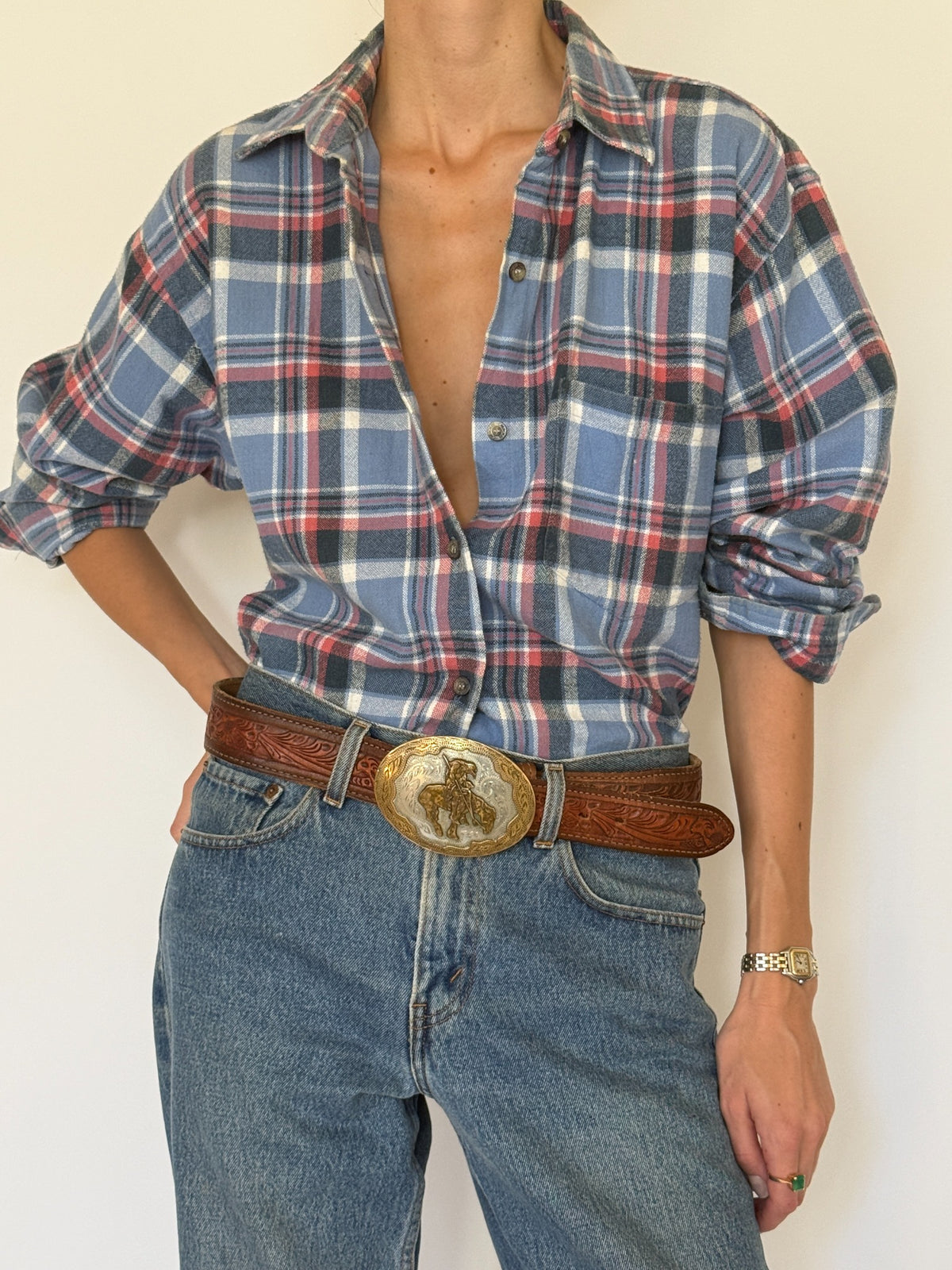 Vintage blue and red plaid shirt modeled, SKU 8430