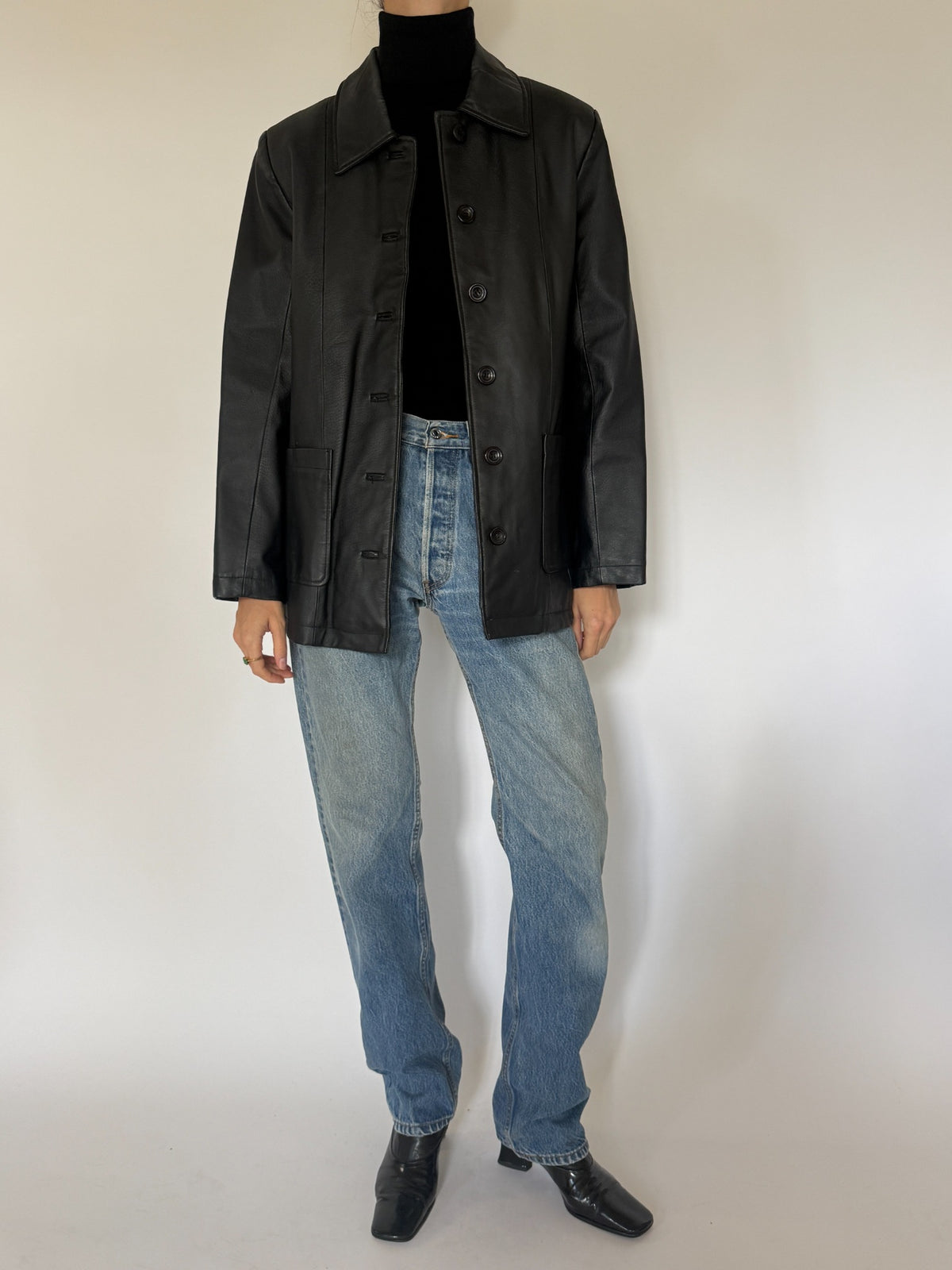 Vintage black structured leather jacket, view 1