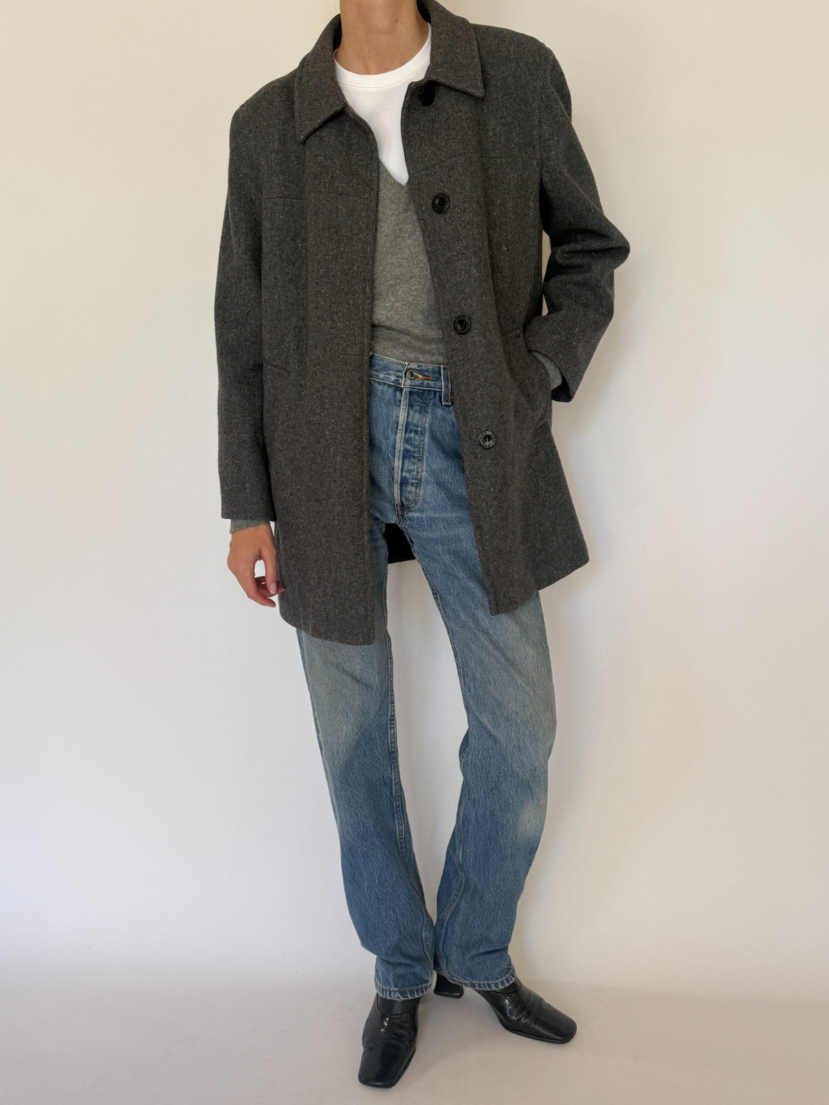 Vintage charcoal grey wool coat, view 4