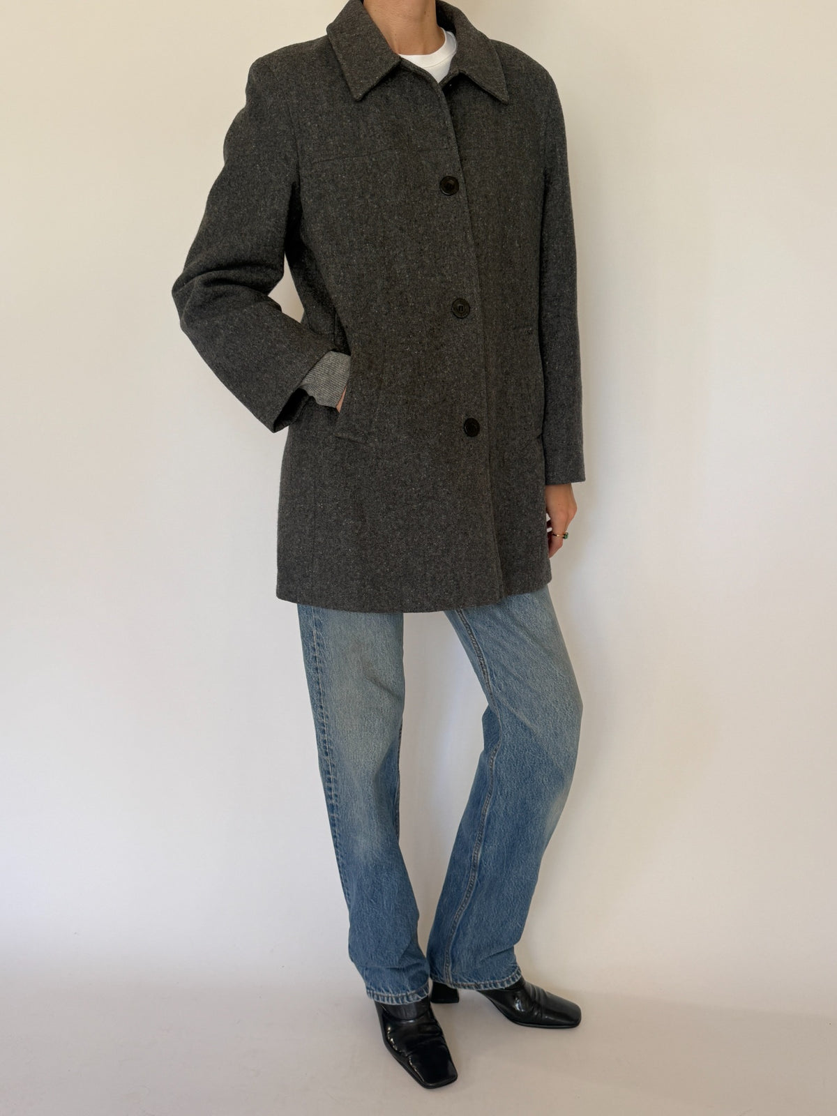 Vintage charcoal grey wool coat, view 5