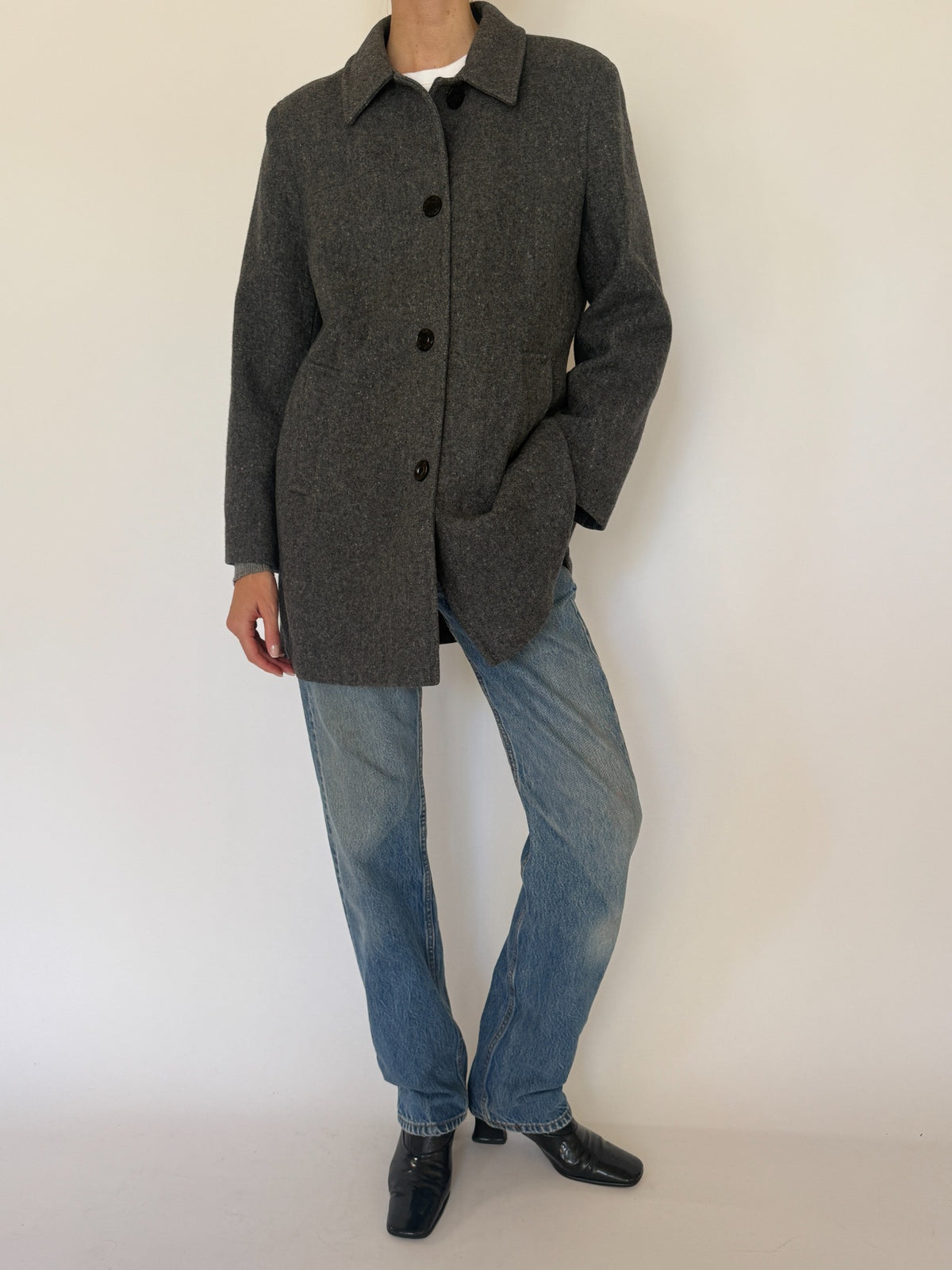 Vintage charcoal grey wool coat, view 1
