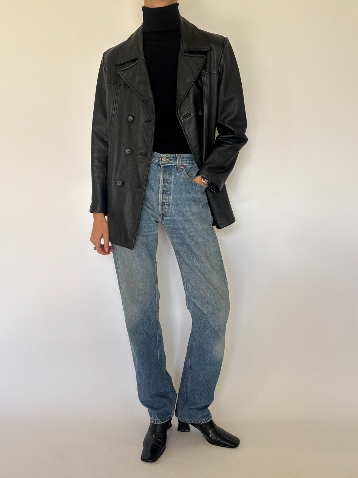 Vintage black double-breasted leather blazer detail and styling