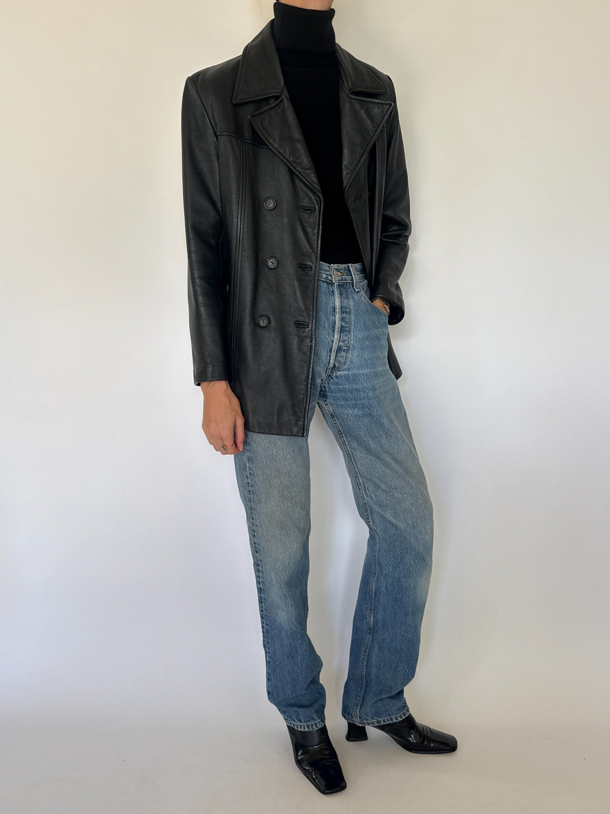 Vintage black double-breasted leather blazer detail and styling