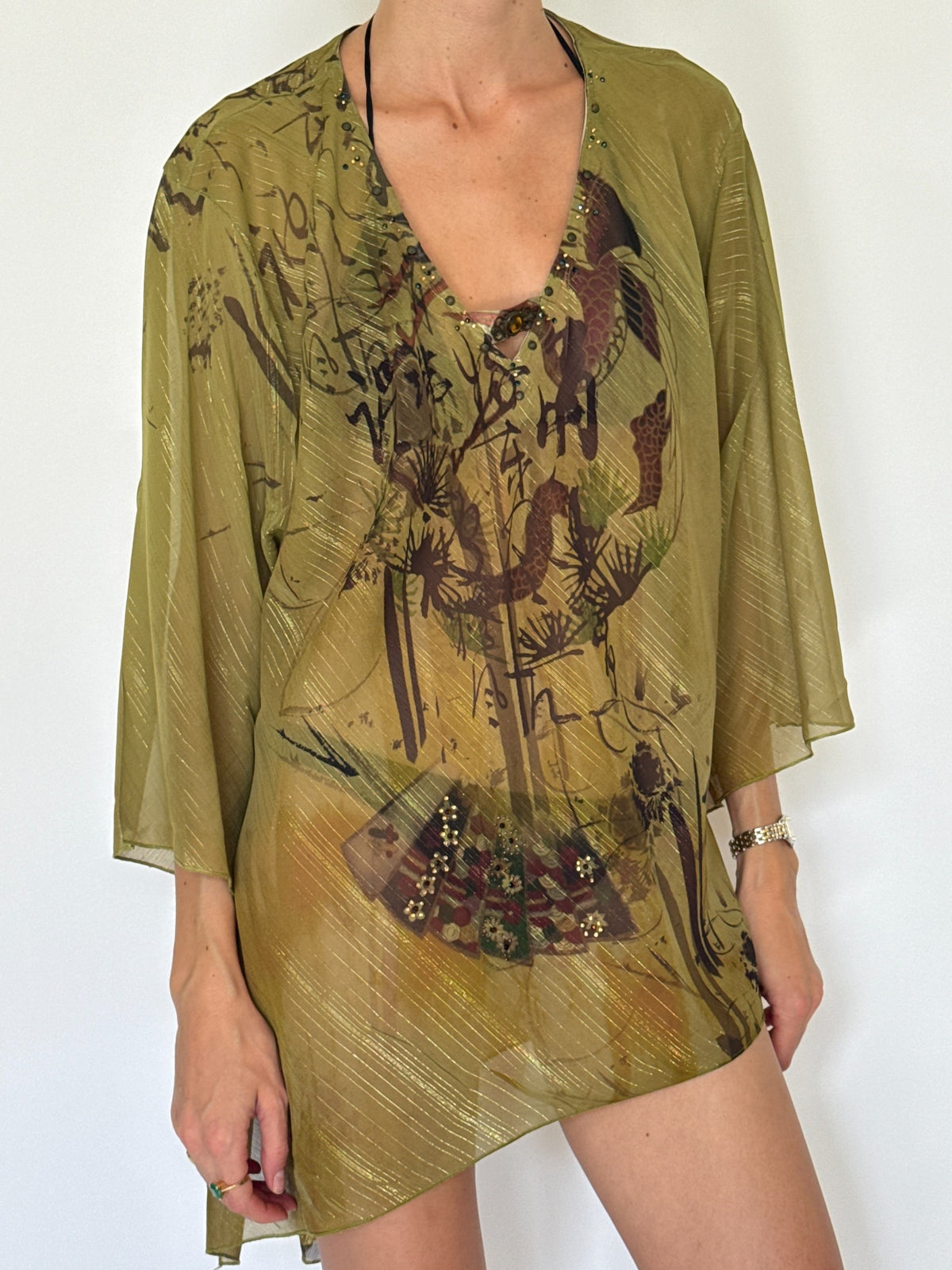 Olive green semi-sheer printed swim cover-up with metallic threads