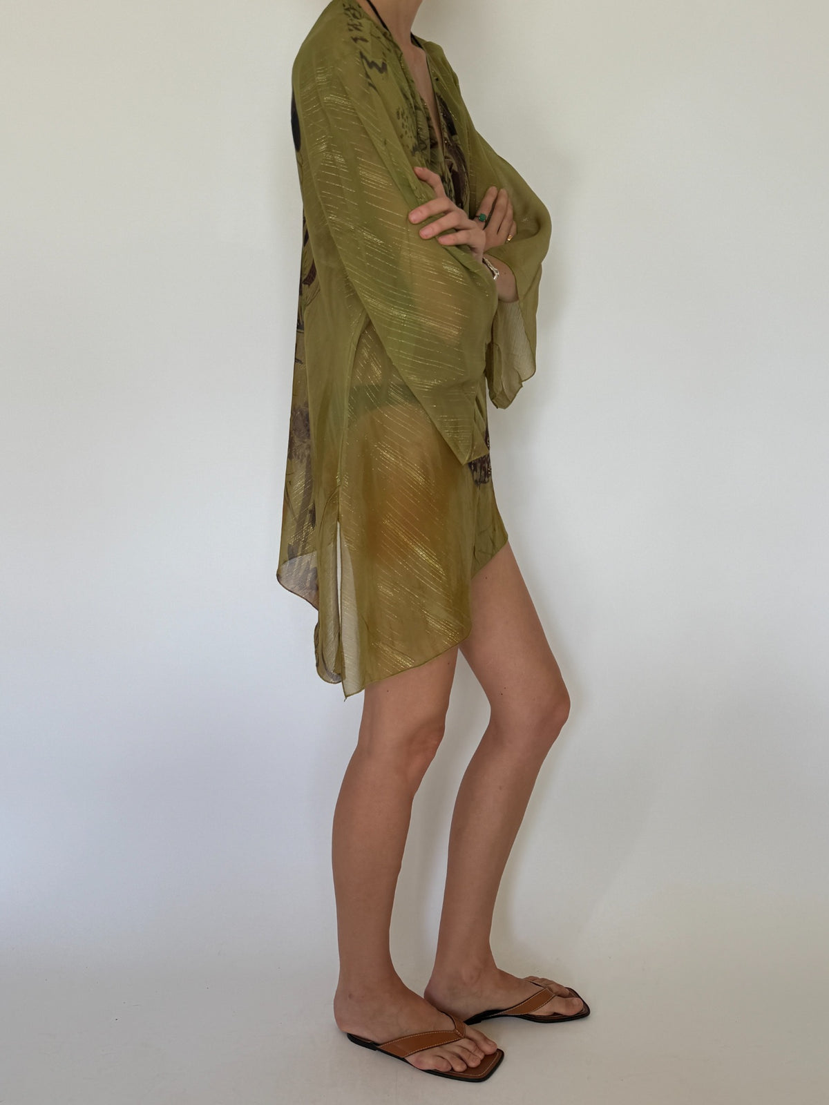 Olive green semi-sheer printed swim cover-up with metallic threads