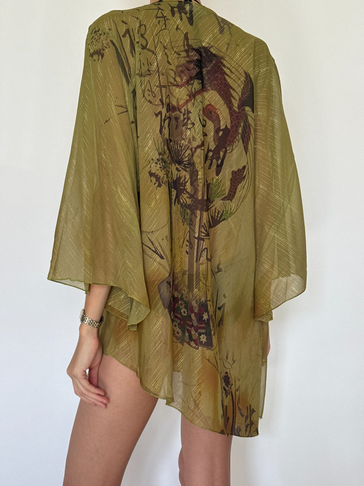 Olive green semi-sheer printed swim cover-up with metallic threads