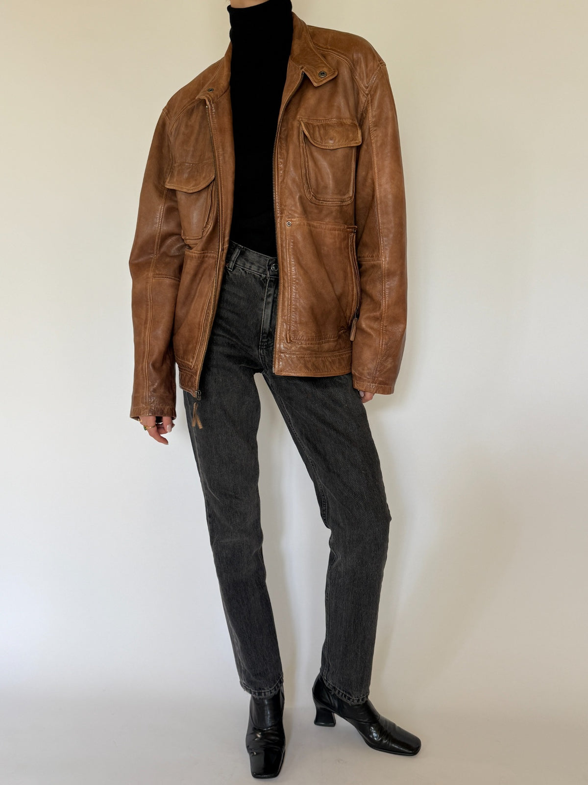 Vintage cognac brown leather multi-pocket zip jacket