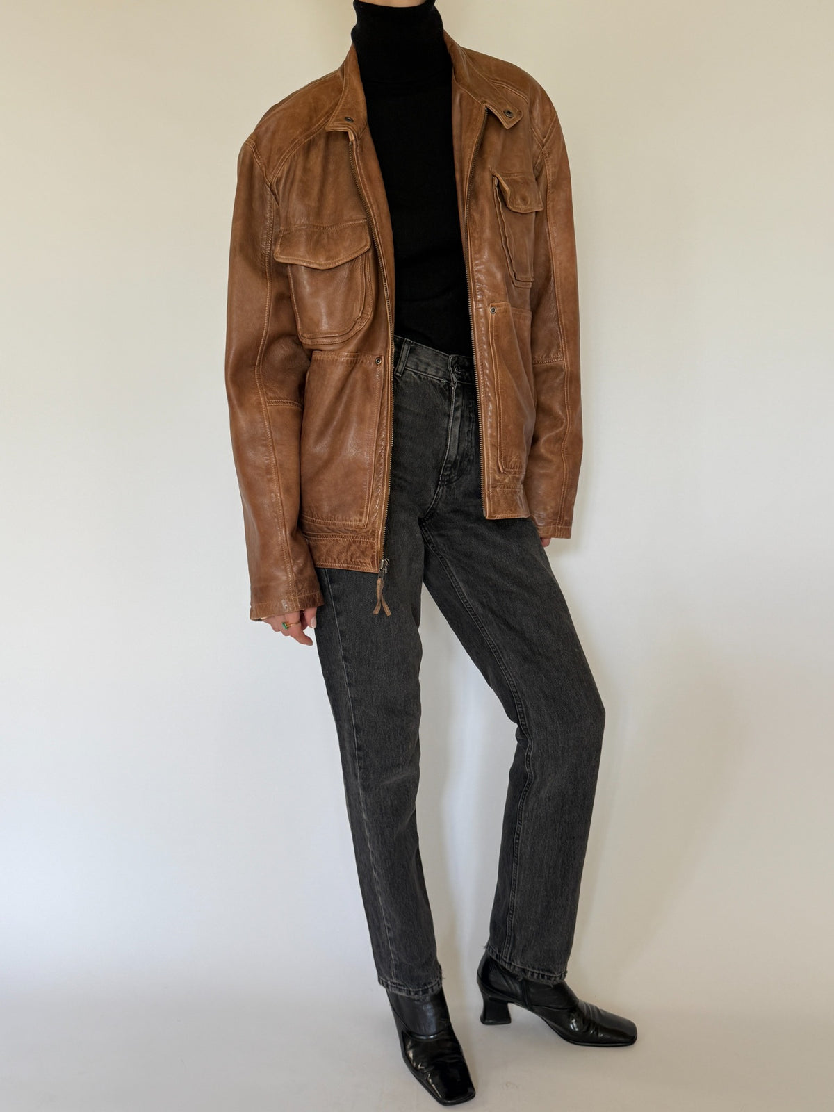 Vintage cognac brown leather multi-pocket zip jacket