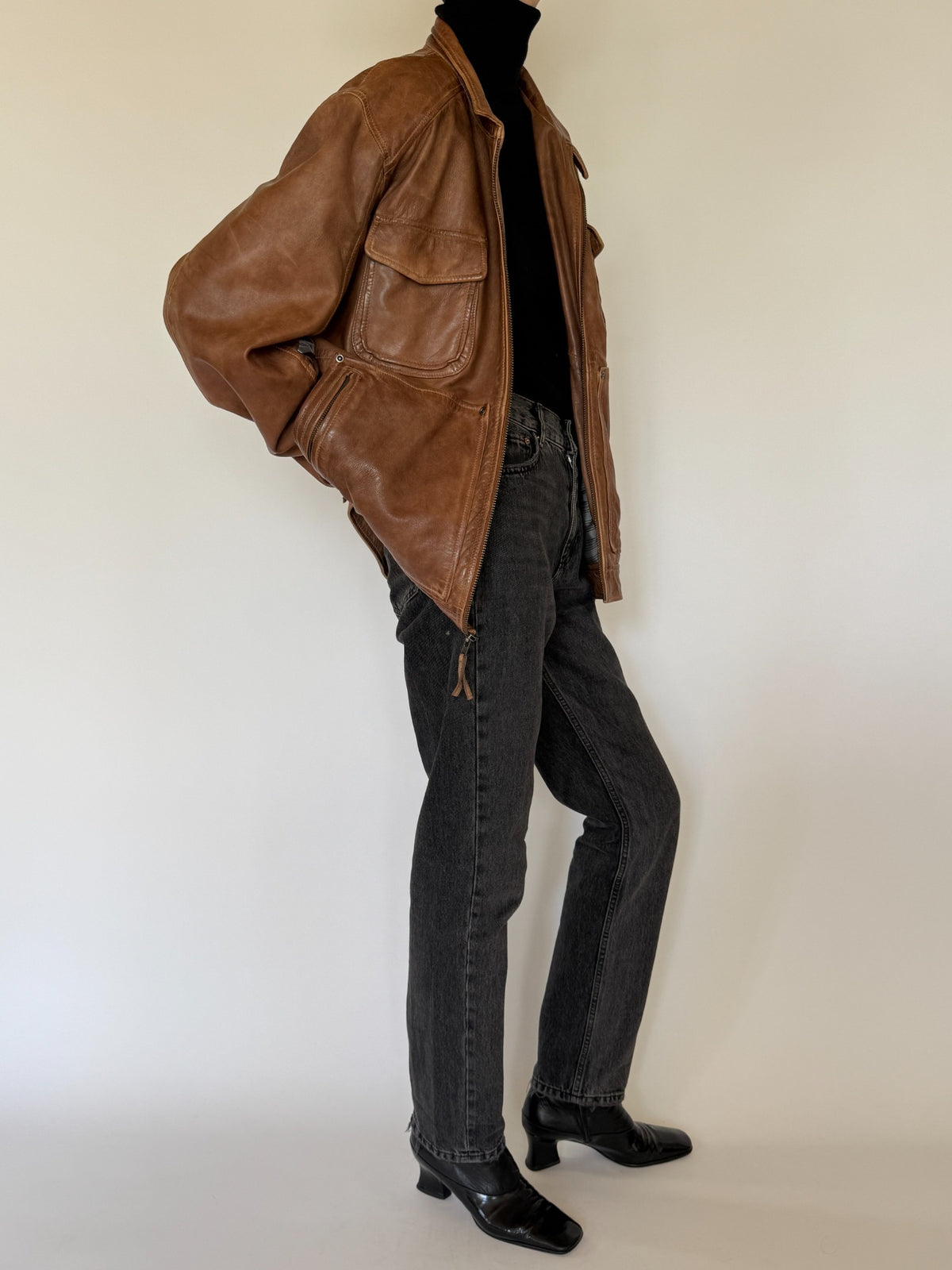 Vintage cognac brown leather multi-pocket zip jacket