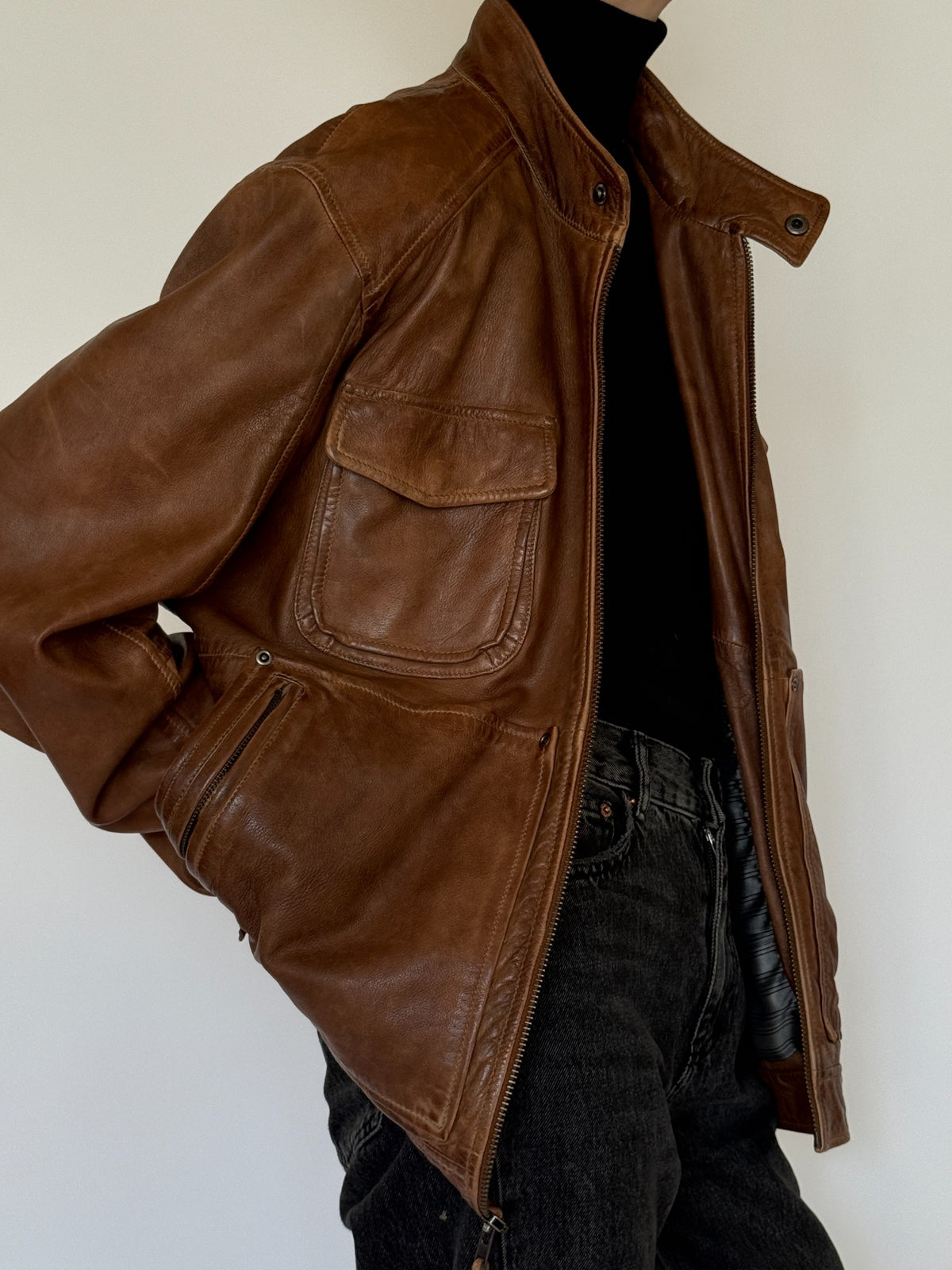 Vintage cognac brown leather multi-pocket zip jacket