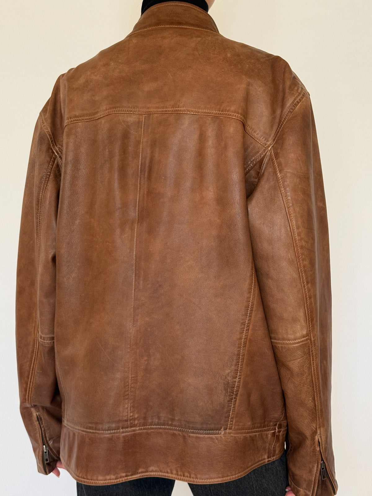 Vintage cognac brown leather multi-pocket zip jacket
