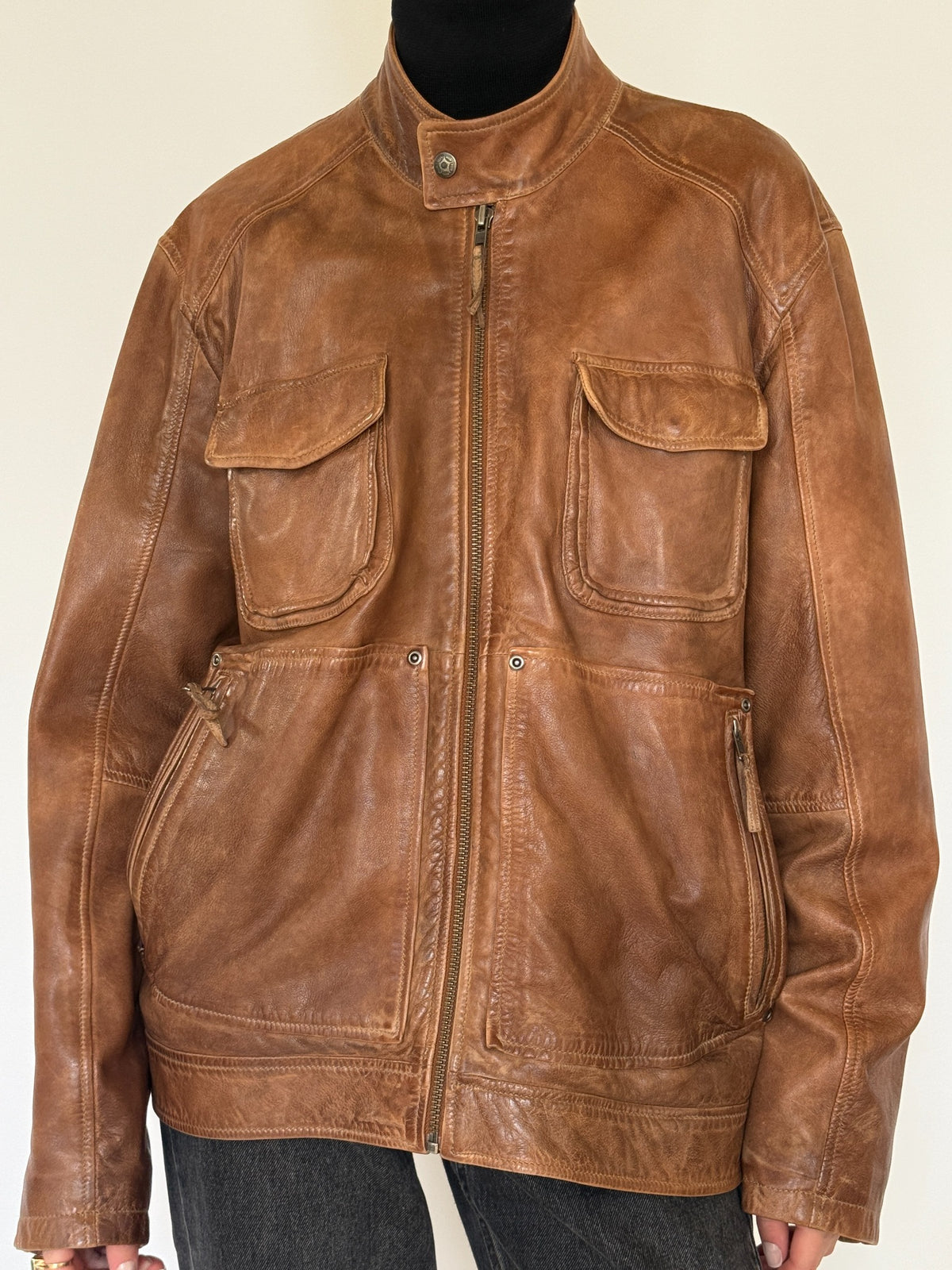 Vintage cognac brown leather multi-pocket zip jacket