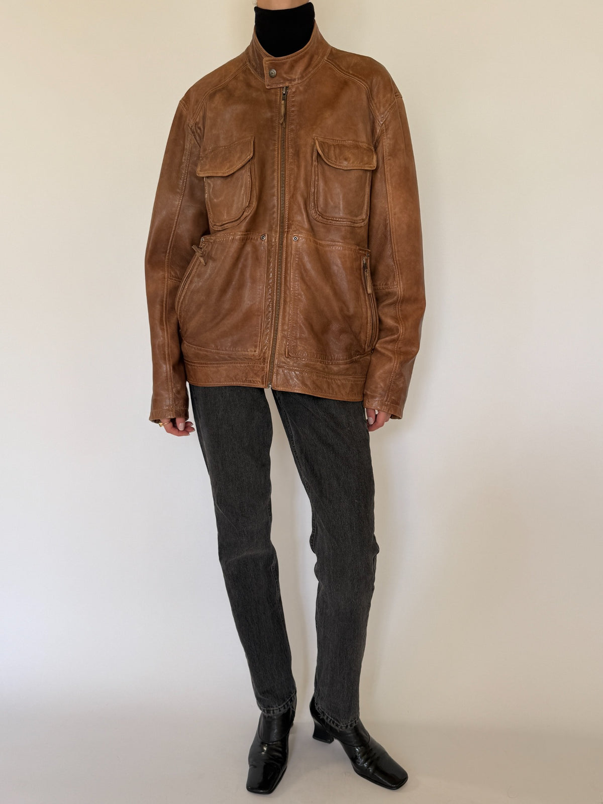 Vintage cognac brown leather multi-pocket zip jacket