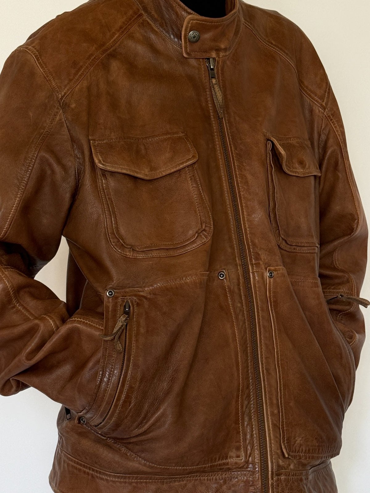 Vintage cognac brown leather multi-pocket zip jacket