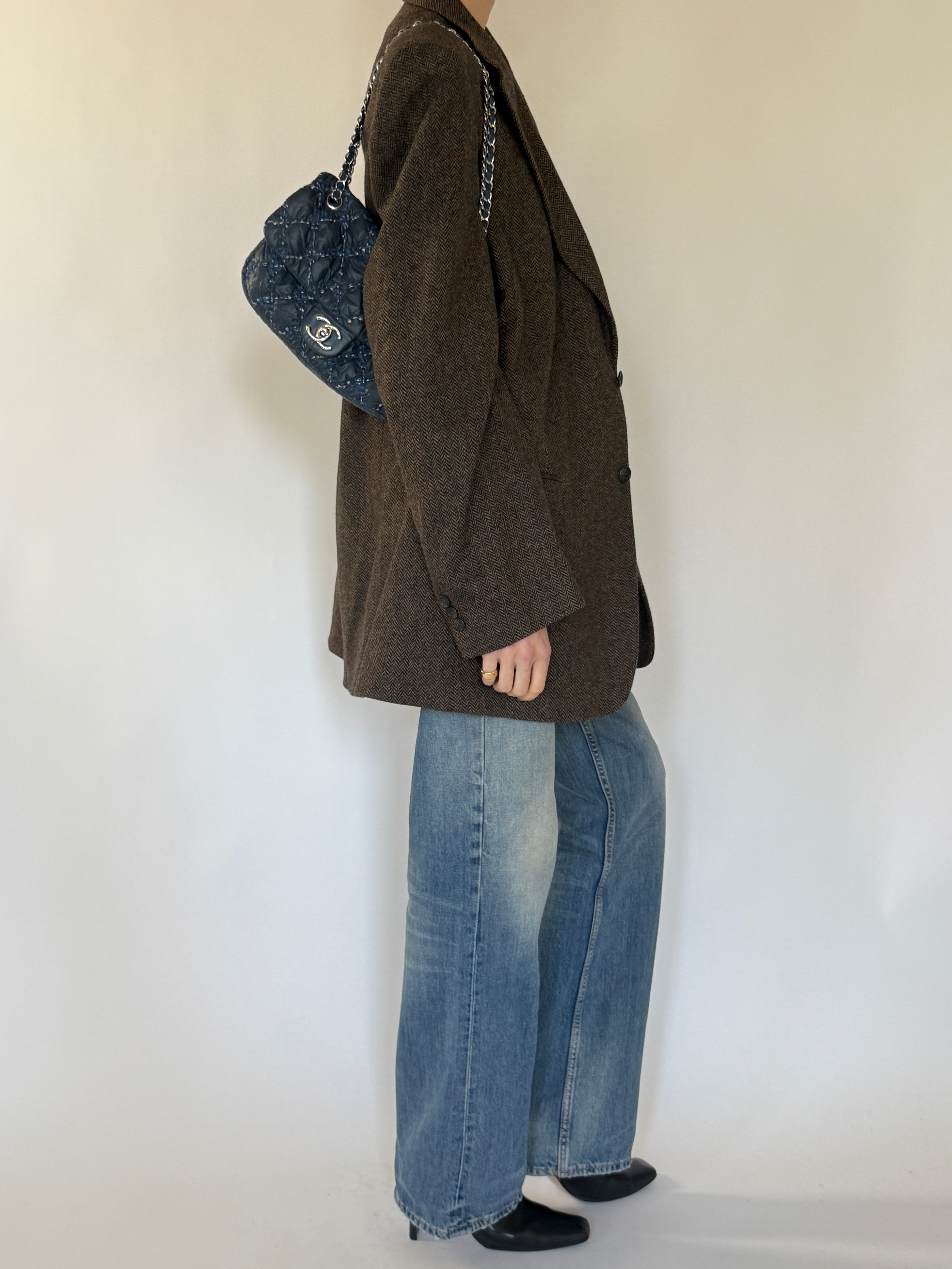 Vintage Oversized Herringbone Wool Blazer Brown 7250