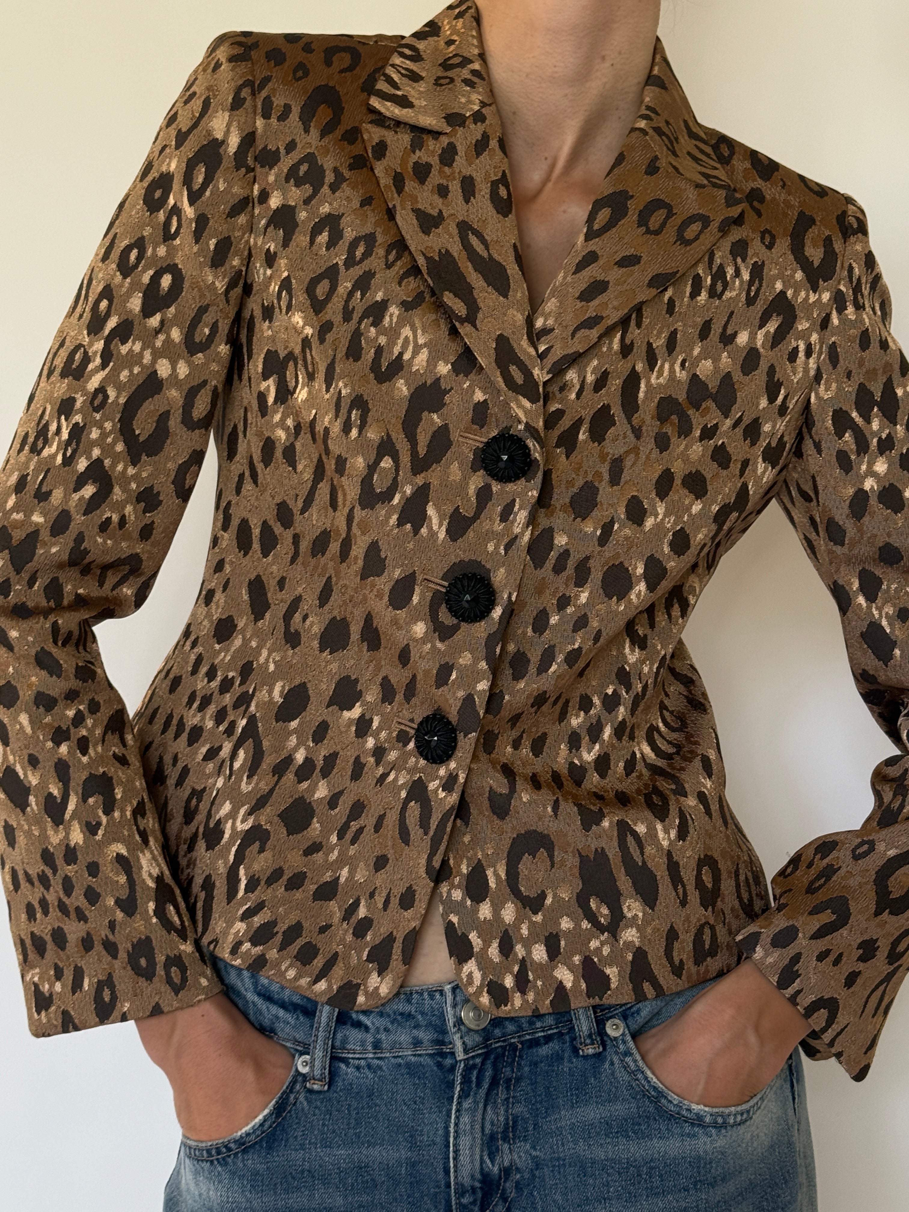 Vintage Leopard Print Structured Blazer Brown 7768